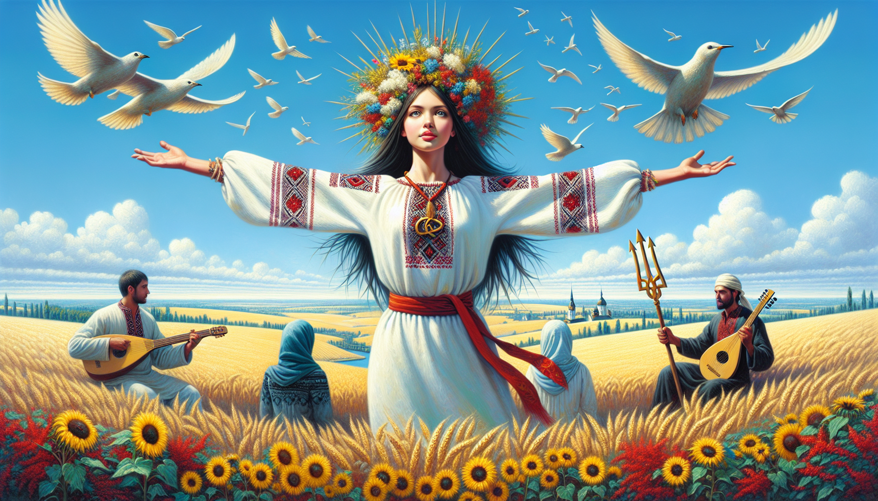Generate an image in 1920x1080 resolution with the theme "Ukraine – a Free Country."

In the center, a young woman stands wearing a vyshyvanka (traditional embroidered shirt), a wreath on her head, and a trident-shaped pendant.
She spreads her arms wide like bird wings and looks in the opposite direction from us.

The background features picturesque Ukrainian landscapes:

    A vast, open, blue sky with birds flying.
    The land is covered with golden wheat fields, sunflowers, and red viburnum (kalyna).

Not far from the girl, a kobzar sits with a bandura.
Minimum details