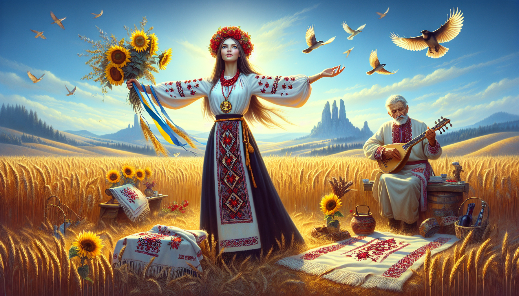 Generate an image in 1920x1080 resolution with the theme "Ukraine – a Free Country."

The image should include:

    Blue color – a symbol of peace and tranquility.
    Yellow color – a symbol of prosperity and warmth.
    An embroidered towel (rushnyk) – representing ancient traditions.
    A sunflower – symbolizing the sun and fertility.
    Birds with outstretched wings – symbolizing freedom and will.
    A young woman in a vyshyvanka and wreath, wearing a trident-style pendant – representing Ukrainian culture and identity.
    The Carpathian Mountains – symbolizing the greatness of Ukrainian land.
    Kalyna (red viburnum) – a symbol of the native land.
    A kobzar with a bandura – representing Ukrainian cultural heritage.

Scene Description:

In the center, a young woman stands wearing a vyshyvanka, a wreath, and a trident-shaped pendant.
She spreads her arms wide like bird wings and looks toward the sun.

The background features picturesque Ukrainian landscapes:

    A vast, open, blue sky with birds soaring.
    The land is covered with golden wheat fields, sunflowers, and red viburnum (kalyna).
    In the distance, the majestic Carpathian Mountains rise.

Not far from the girl, a kobzar sits with a bandura, playing a melody of Ukraine’s spirit