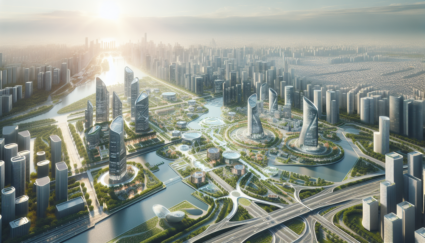 Hyperrealistic aerial video of a futuristic city, highlighting the majesty of its imposing buildings and the harmony of its parks and wide avenues. Describe how this urban environment is not only visually striking but also symbolizes an innovative and sustainable lifestyle. Be sure to highlight the benefits of living or working in such a place, focusing on modernity, connection with nature, and a sense of community.