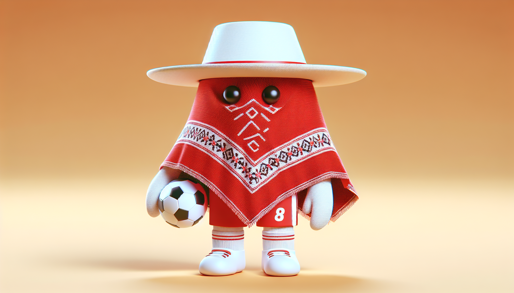 La mascota del Mushuc Runa de Ecuador es un humano que usa poncho rojo y una pantaloneta blanca y medias blancas pero podrías añadirle un sombrero de color blanco y un balón de fútbol 