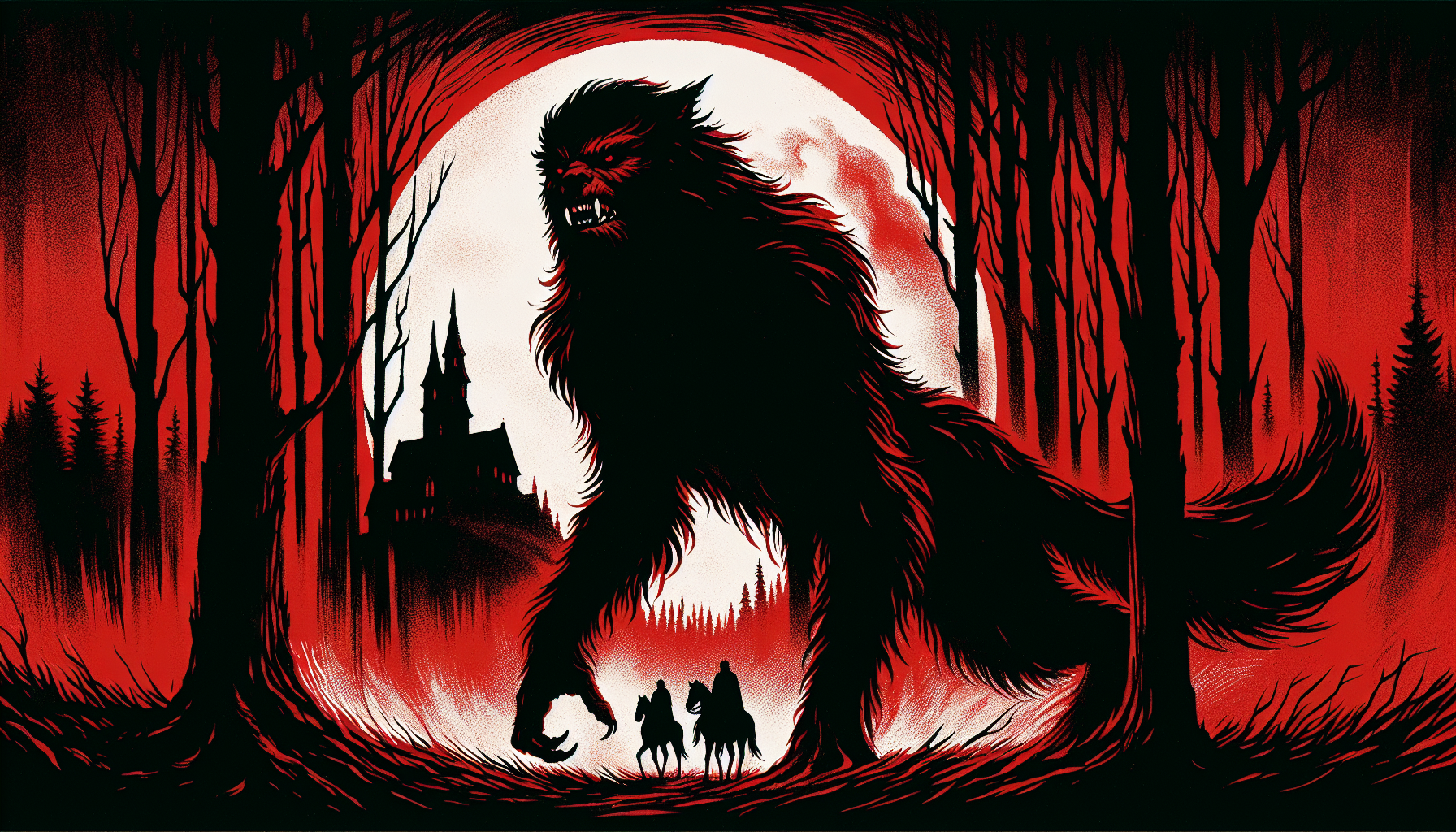 A chilling and ultra-realistic cinematic poster for the film "The Wolfman." The dark silhouette of a menacing werewolf
dominates the foreground, with its hair-raising fur and piercing eyes, as it stands against the intense red of a full moon. The dense forest, filled with towering trees, surrounds the creature, creating an eerie atmosphere. In the distance, a church stands ominously, while three silhouetted men on horses turn their backs to it. The poster showcases an abstract art film of the horror genre, with a striking black and red color palette. The textured black background adds depth and intrigue to this captivating and haunting image., poster, photo, cinematic