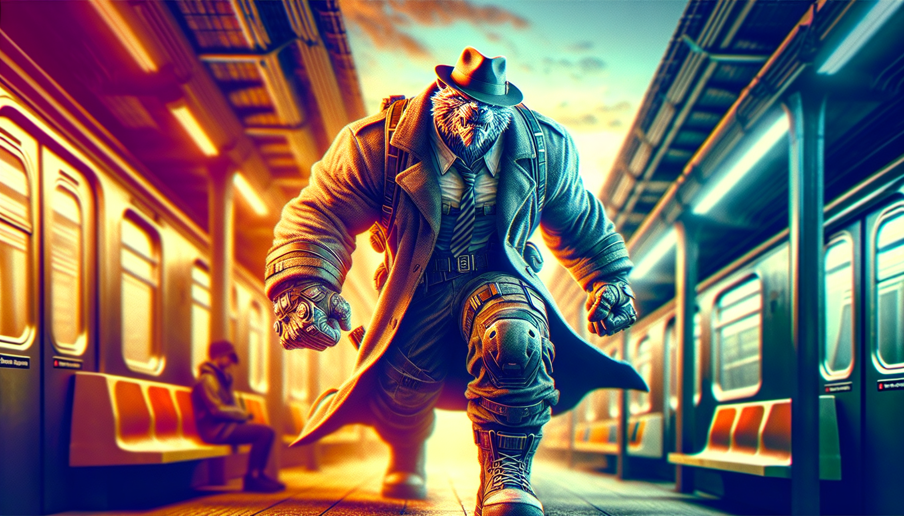 A highly stylized, extreme close-up, neo-toon shaded depiction of a fierce, battle-hardened warrior. An awe-inspiring visual masterpiece of a colossal, muscular humanoid siberian cat mobster, donning a fedora hat with fashionable coat and tactical boots.The fur is a intricate detailed , showcasing the beast's body with a blurred background. The towering, figure dynamic strides down the subway with an unstoppable grandeur. The low-angle wide-angle lens captures the full extent of its imposing presence. The atmosphere with HDR enhancing the rich colors and glow accents. The background is cityscape, with gradients and textures, ensuring the focus remains entirely on the character’s intricate details and intense energy. The overall aesthetic is bold and energetic, with thick outlines, hard shading, and a mix of warm and cool saturated colors, embodying the raw power and rebellious nature of a legendary warrior.