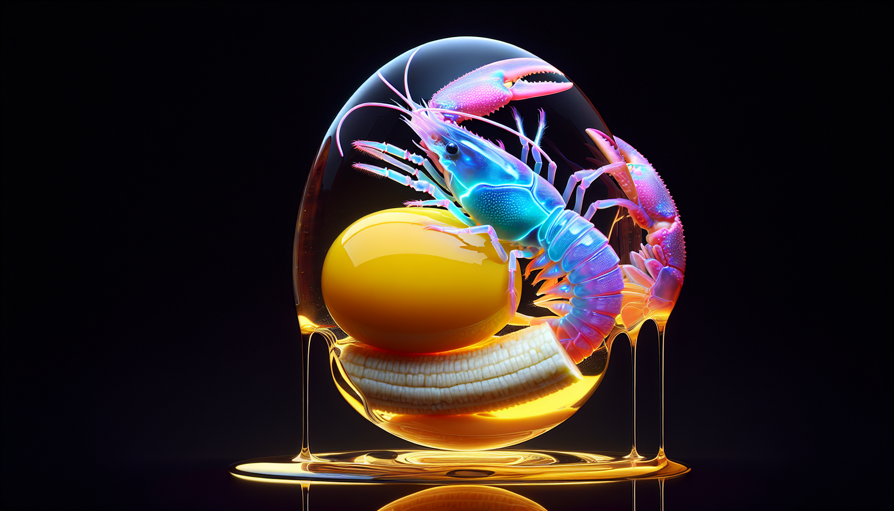 wild imagination of a transparent vibrant liquid blend into a double exposure transparent sliced banana in the shape of a yabbie inside a melting egg yolk replacing the body of the neon lobster, sharp focus, intricate details as if it is a magazine cover photo, artistic minimalism, contrast in tones and color, 8k, cinematic, dark bg.