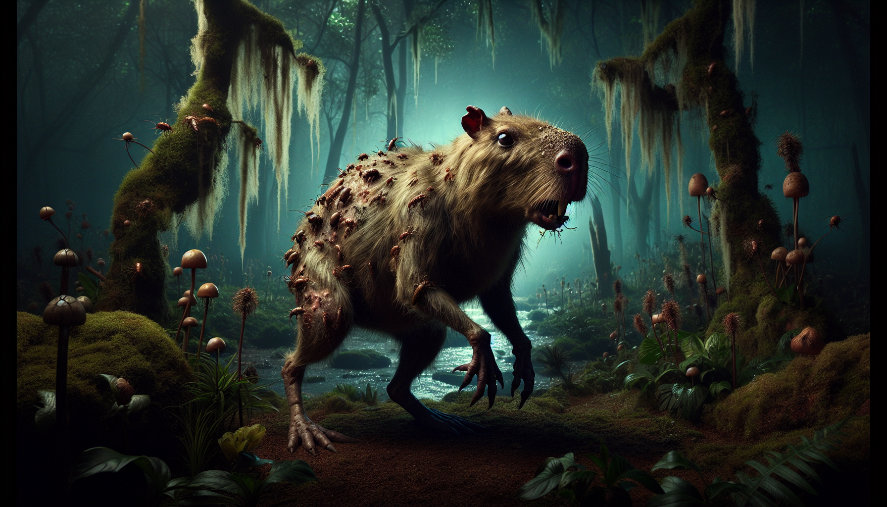 In a cold, eerie forest bathed in a dim sunlight, a hybrid fantasy creature stands in a threatening pose. This surreal being combines the powerful, sturdy frame of a capybara with putrid brown fur speckled with flees and squirming maggots. Its small, furry ears twitch, while its mouth is open. The forest background, filled with lush, foliage and decaying flowers, enhances the creature's exotic allure, making it a captivating blend of nature and fantasy., cinematic, dark fantasy