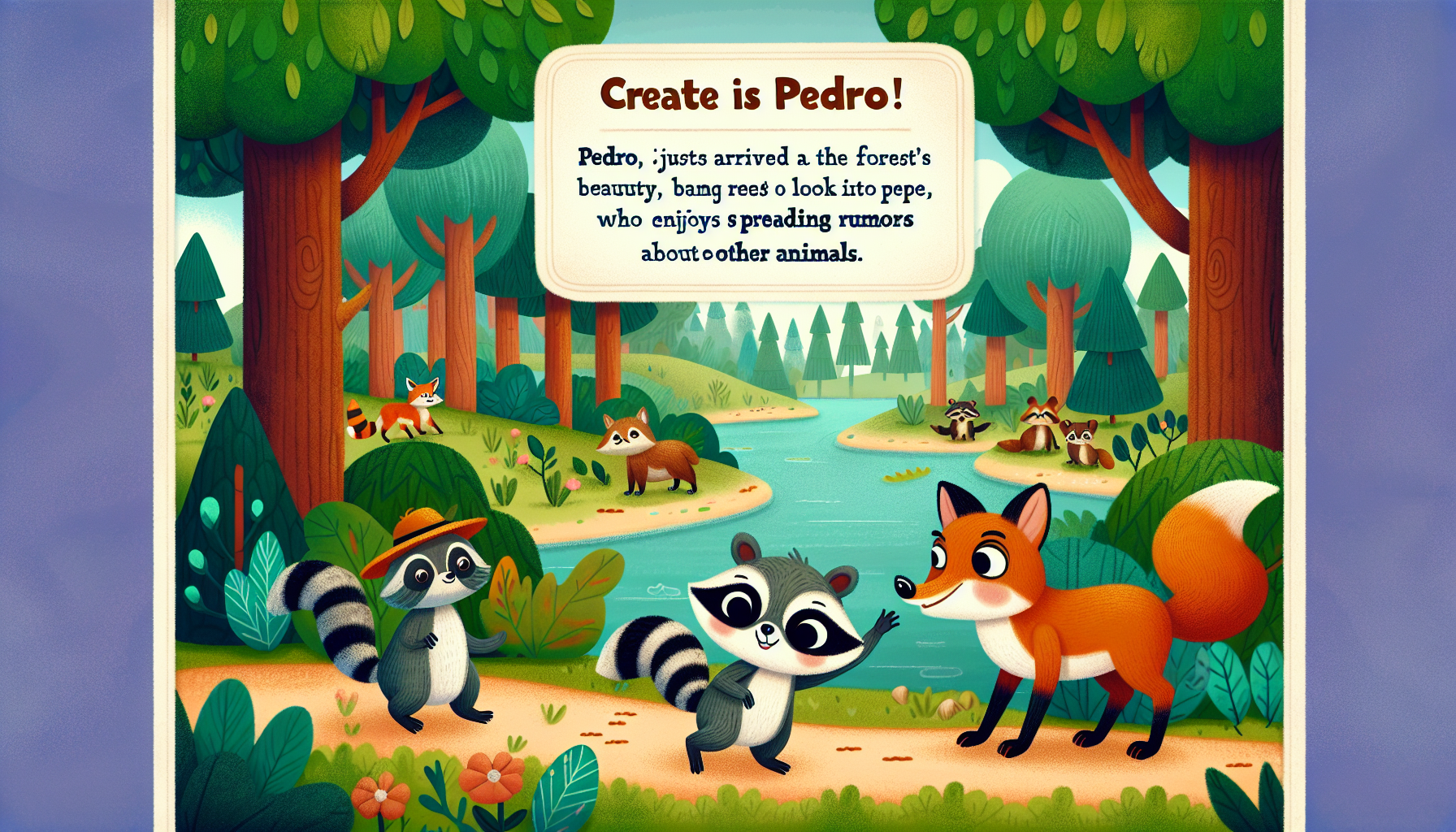 Pedrito, es un mapache que llegó a este hermoso bosque.
Pedrito quedó maravillado por lo hermoso que es el bosque, y empezó a buscar a todos los habitantes.

En el camino, Pedrito se encontró con Pepe, un zorro tramposo al cual le gustaba inventar cosas sobre los demás animales.
