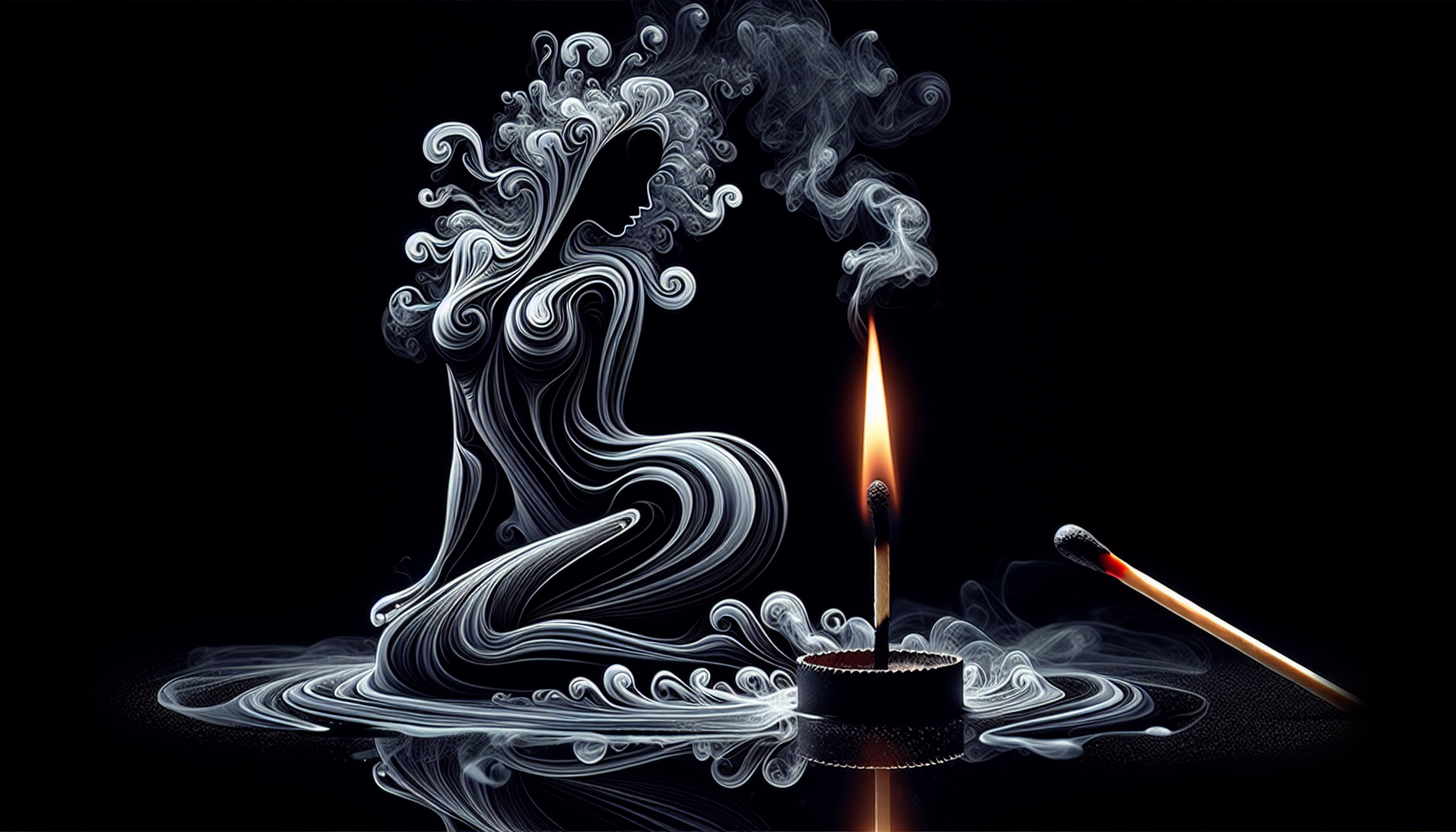  Alcohol Ink art, He creates a hyperrealistic masterpiece depicting the figure of a curvaceous woman, formed entirely from the swirling smoke of a lit match placed beneath her. The intricate patterns of the smoke seamlessly transform into the woman's figure, which looms menacingly over the burning end of a match. Everything is presented against a stark, pitch-black background, further accentuating the swirling smoke and the spectral, menacing figure it forms.