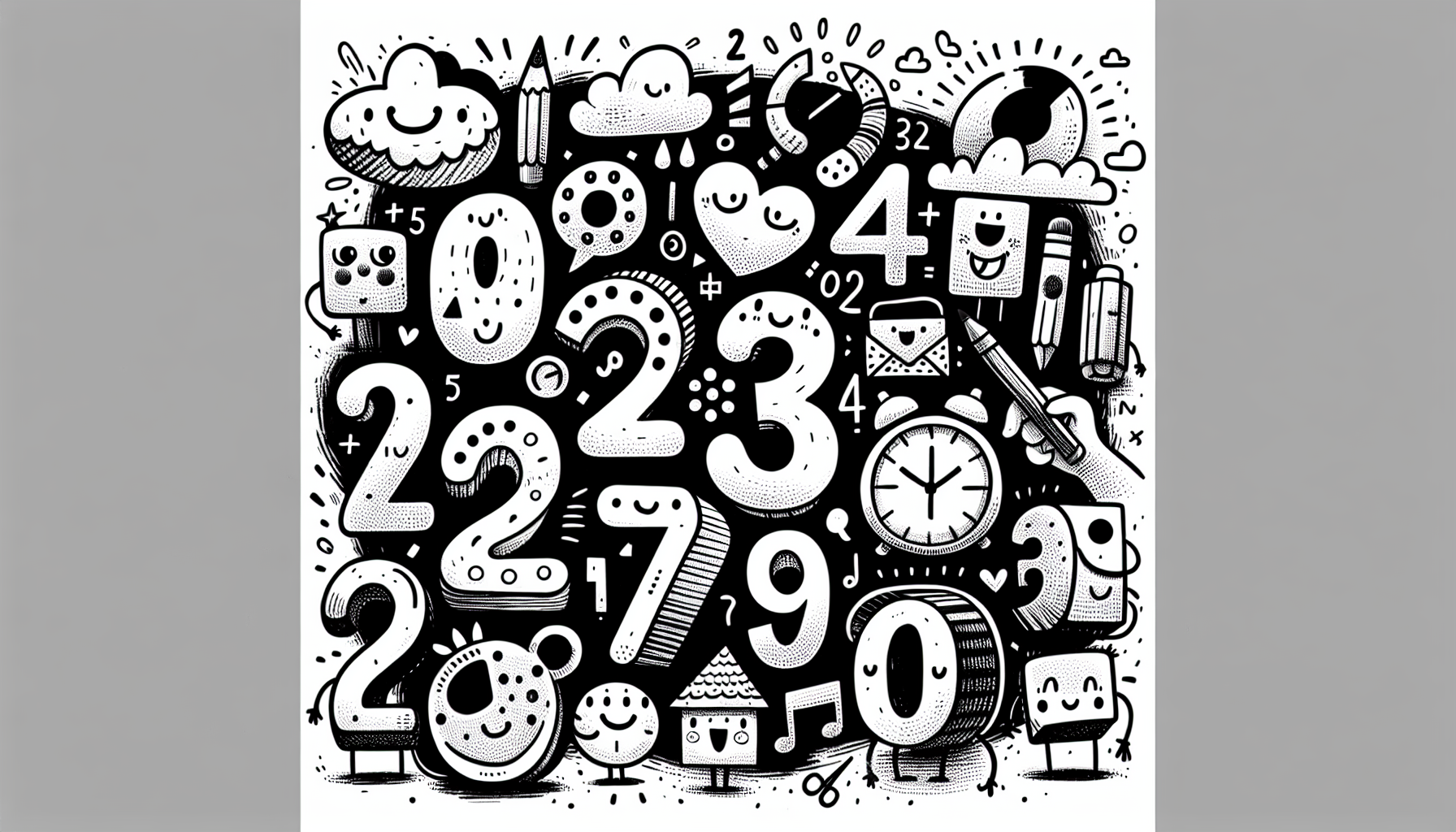 dessine moi les chiffres 1 2 3 4 5 6 7 8 9 0  en noir et blanc façon crayonnée