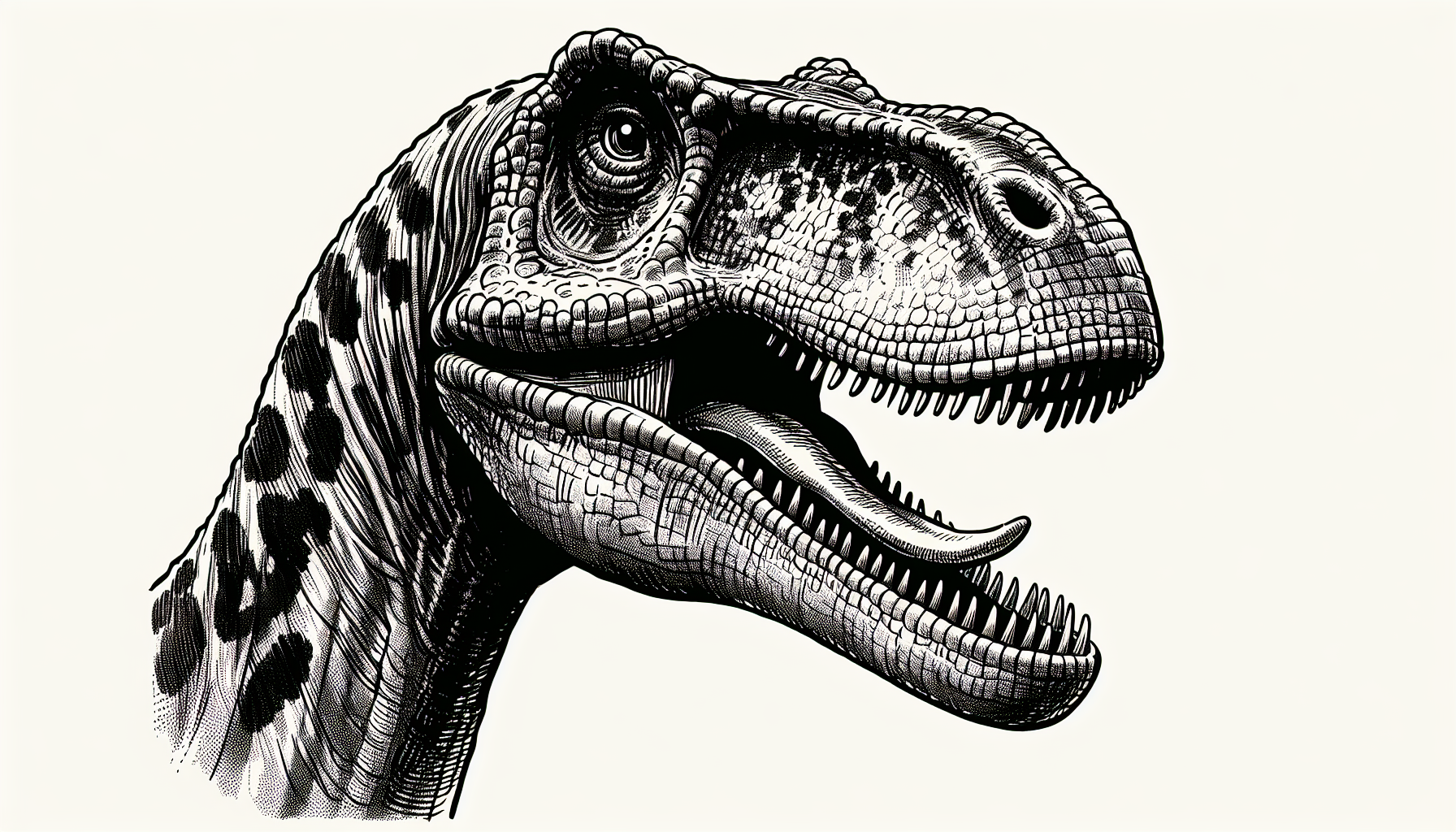 une tête de diplodocus de face gueule ouverte en noir et blanc façon crayonnée