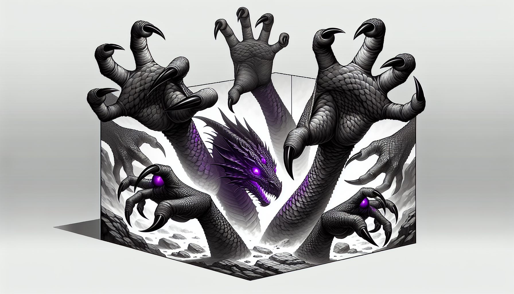 Black and purple eyed scaled dragon claws reaching out of the box