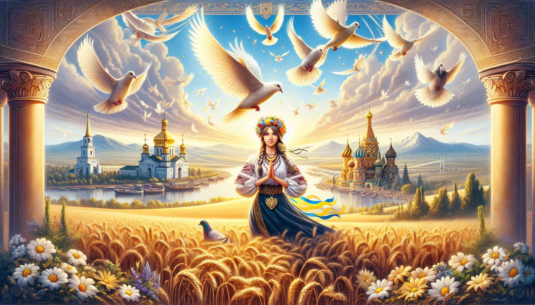 Згенеруй картинку формату 1920x1080 на тематику "Україна - вільна країна" На картинці повинно бути: Мальовничий український краєвид: сонячне поле пшениці під яскравим блакитним небом, на горизонті величні Карпати та Дніпро, а в небі летить зграя білих голубів, що символізують мир і свободу. У центрі українська дівчина у традиційному одязі з вінком та кулоном символізує саму Україну, її красу та культуру. На задньому фоні видно золоті куполи храму, як символ духовності й національної ідентичності. Атмосфера сповнена гордості, надії, відваги та світлого майбутнього.