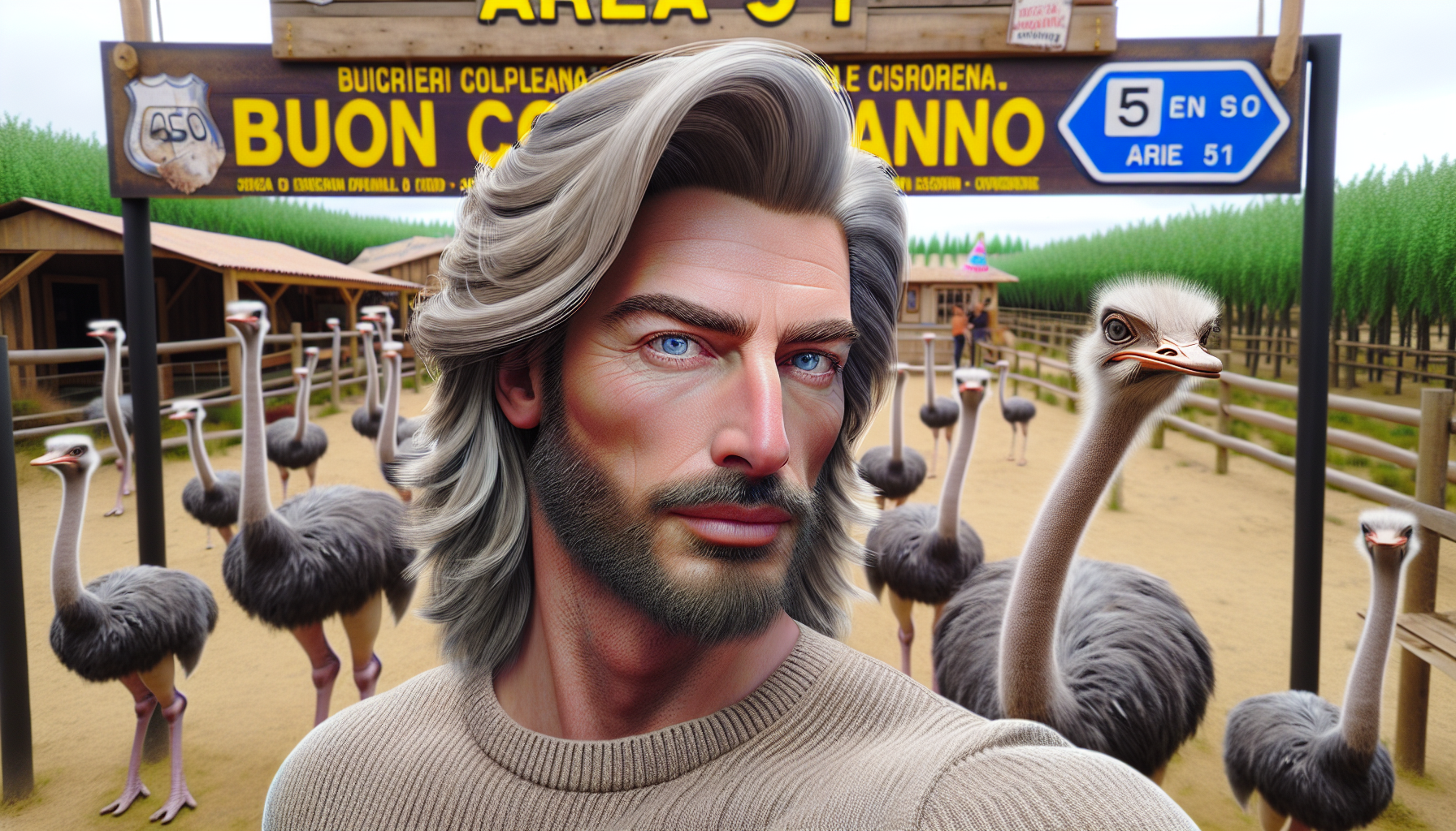 buon compleanno whys ,uomo adulto ,capelli lunghi brizzolati
 ,occhi azzurri , struzzi ,musica ,area51


