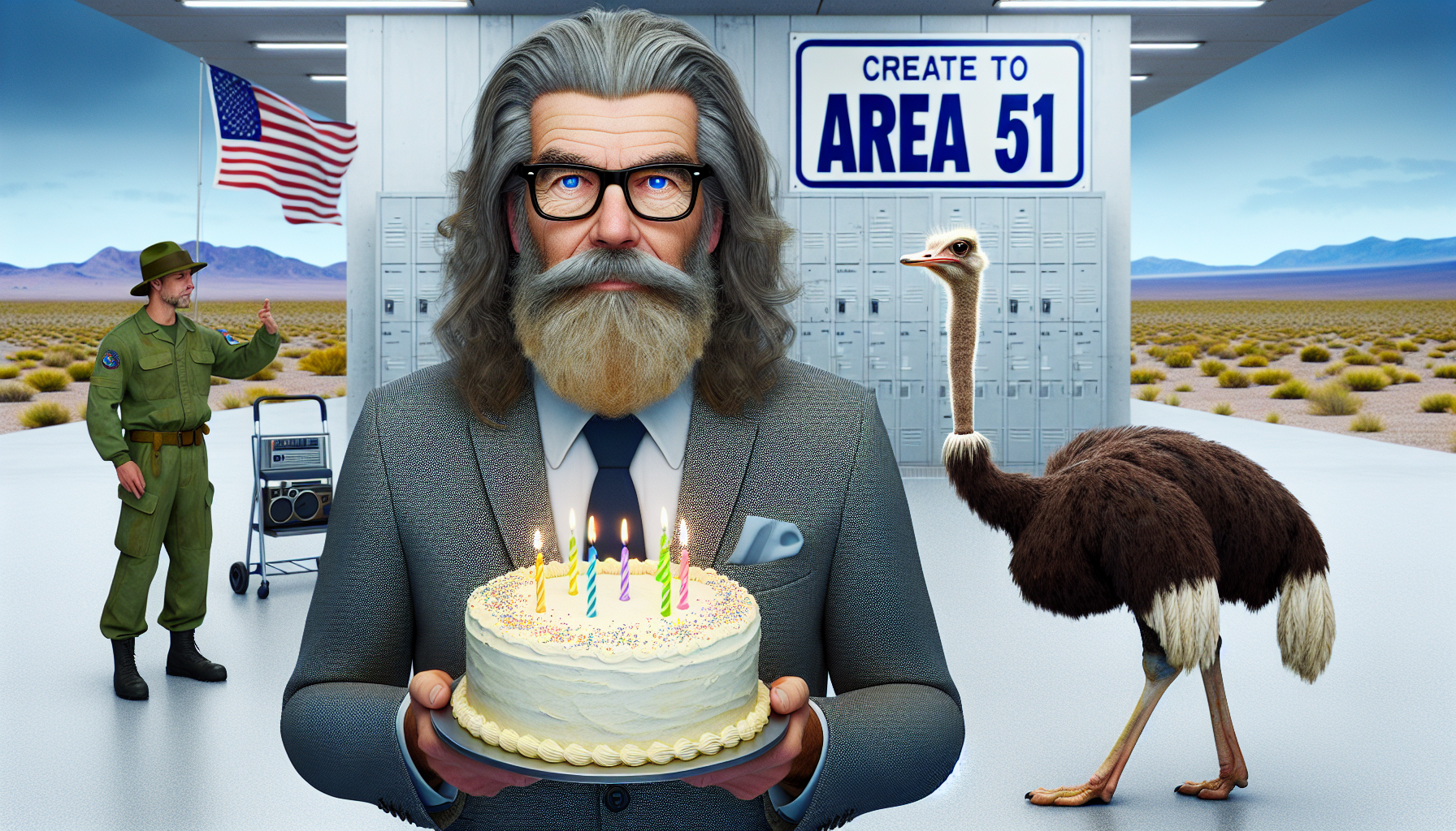 buon compleanno ,uomo adulto ,capelli lunghi brizzolati
 ,occhi azzurri ,occhiali , struzzo ,musica ,area51 ,torta

