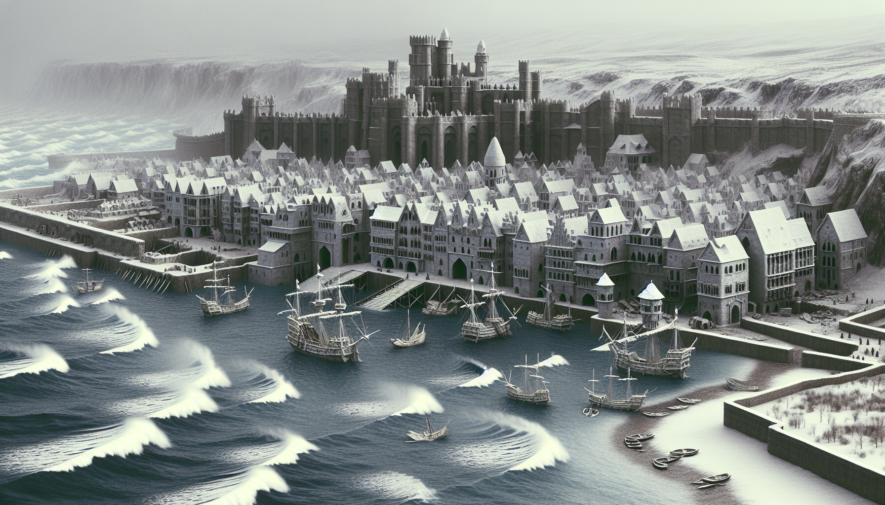 creami l'immagine di una città portuale medievale costituita da strutture di pietra bianca in un paesaggio invernale, la città deve essere collocata sulla riva del mare e del porto, inserisci alcuni mercantili in balia del mare molto agitato, con onde e increspatura molto vistose, dei galeoni danneggiati, l'atmosfera deve essere grigia, cupa, ed in stile Game of Thrones, molto realistica.