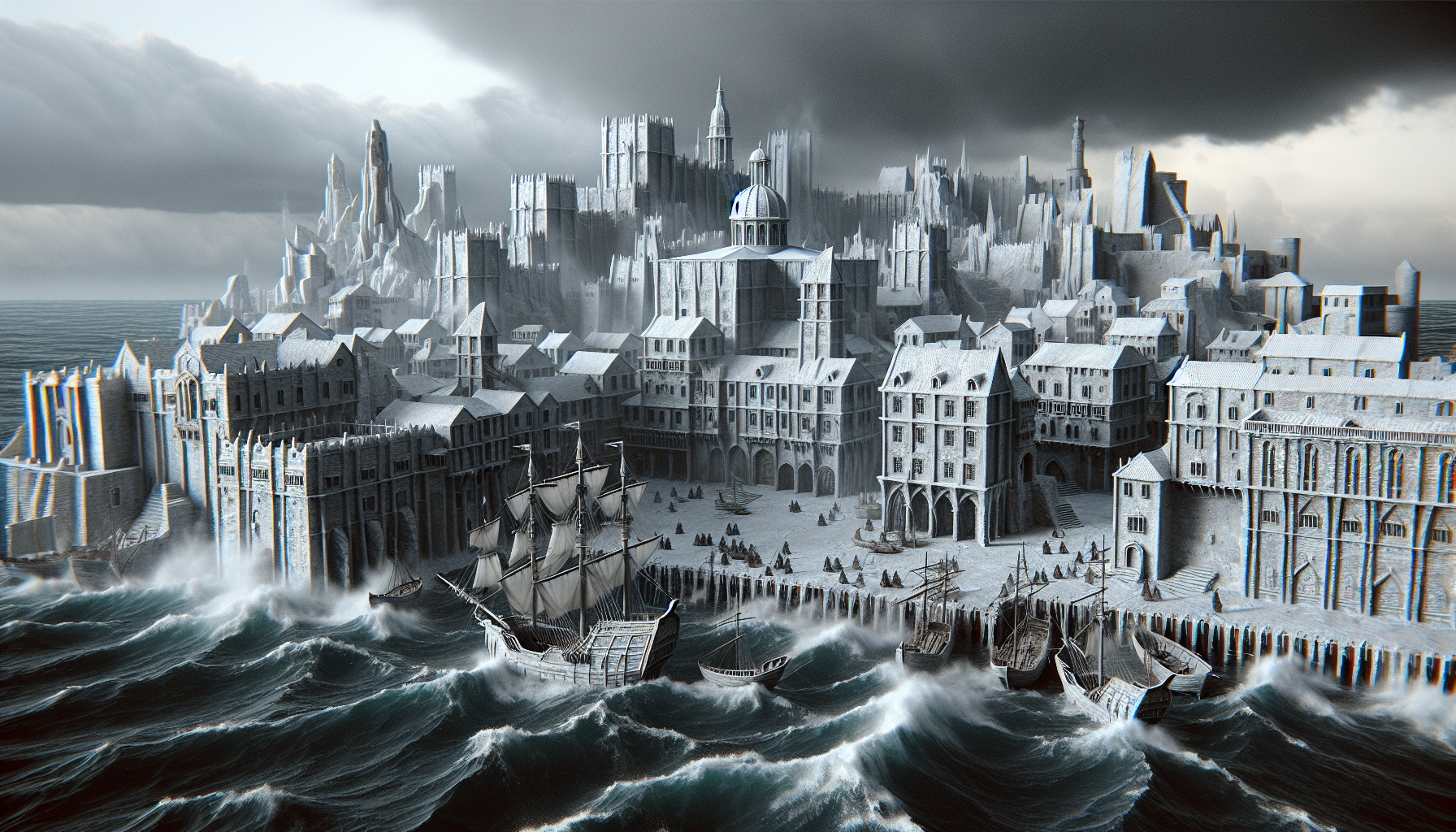 una città portuale fredda e grigia, di tipo medievale, in pieno stile Game of Thrones, i palazzi devono essere di pietra bianca, il mare molto agitato e dei mercantili ormeggiati al porto.