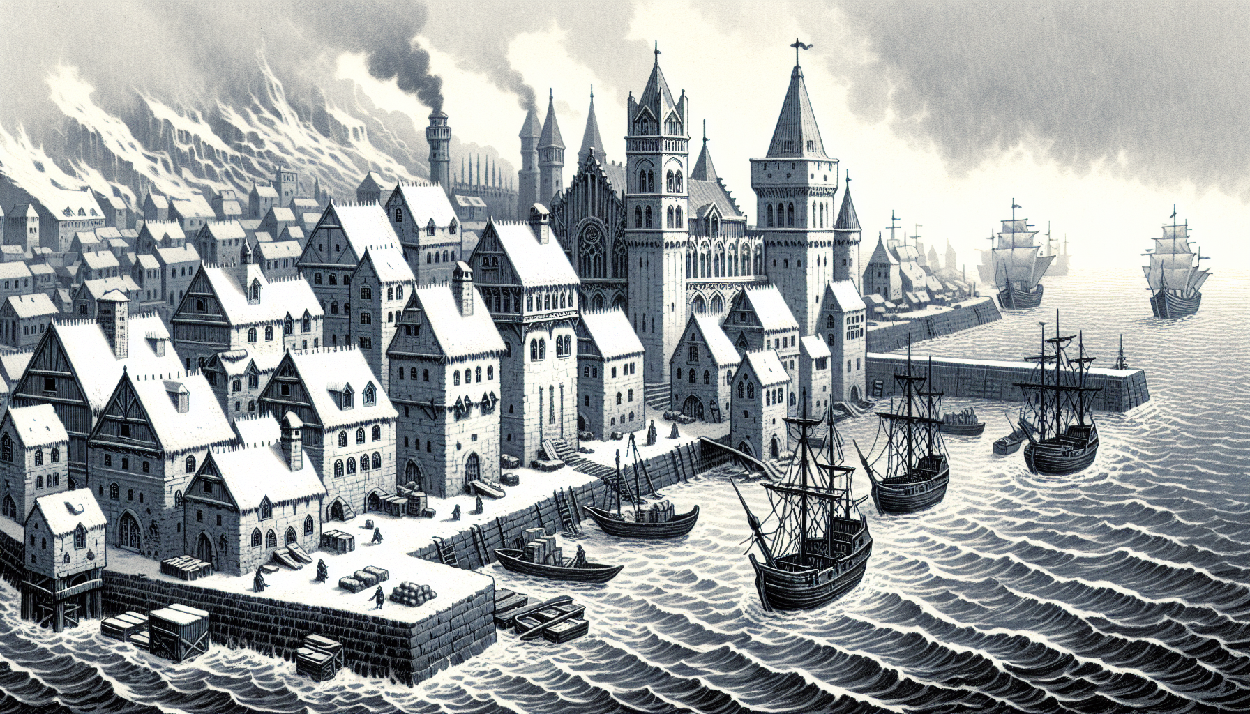 una città portuale fredda e grigia, di tipo medievale, in pieno stile Game of Thrones, i palazzi devono essere di pietra bianca, il mare molto agitato e dei mercantili ormeggiati al porto.