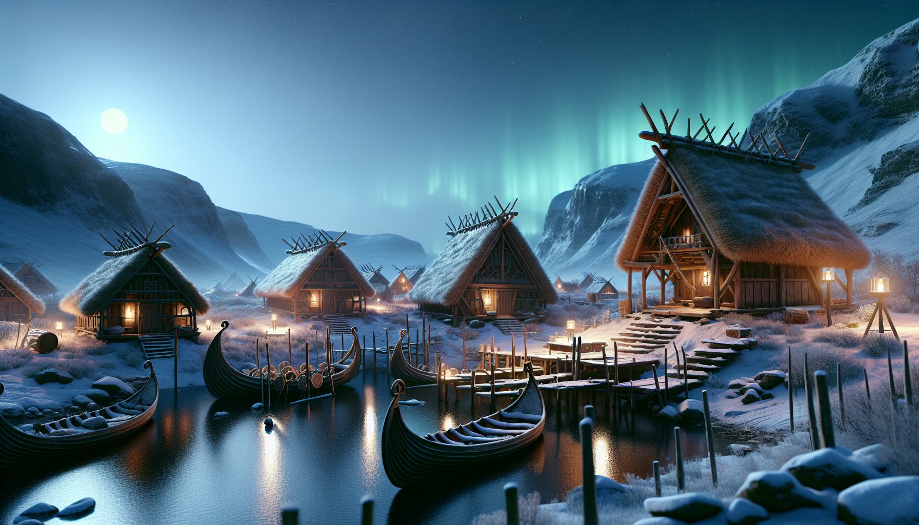 un villaggio vichingo portuale immerso in un paesaggio innevato, di notte.