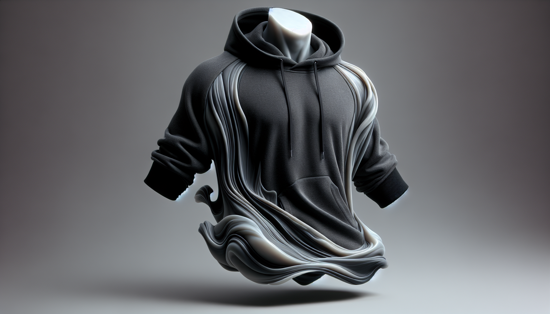A cinematic 3D render in 32k resolution, capturing a visually stunning scene featuring a dark grey hoodie with black collar and sleeves. The figure is stylized, emphasizing exaggerated masculine build with a smooth, flowing design. The material appears to be smooth and polished, resembling a combination of marble and ivory, giving the sculpture a refined and modern look. The torso has no head or limbs, focusing solely on the shape and form. This hoodie, crafted from a premium blend of dark grey and black technical fabric, embodies minimalist design with a raised collar and crisp, refined lines. The 'GEMINI' logo is seamlessly integrated into the fabric, adding a subtle yet distinctive brand touch. Displayed on a smooth light grey surface against a solid grey backdrop, the hoodie is illuminated with soft, diffused lighting, which accentuates its sleek silhouette and meticulous detailing, showcasing both craftsmanship and contemporary style.