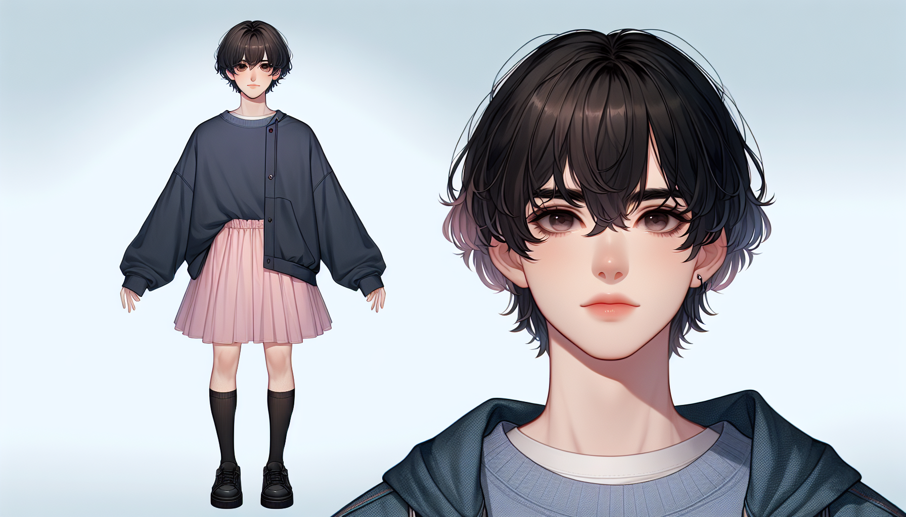 imagen realista de un chico de piel clara sin imperfecciones, cabello negro suelto hasta los hombros con volumen, flequillo abierto, con un mechón blanco a cada lado del flequillo, ojos grandes y almendrados, cuerpo delgado con un poco de músculo usando medias negras, una falda corta suelta de color rosa pastel y un top holgado azul oscuro con mangas largas