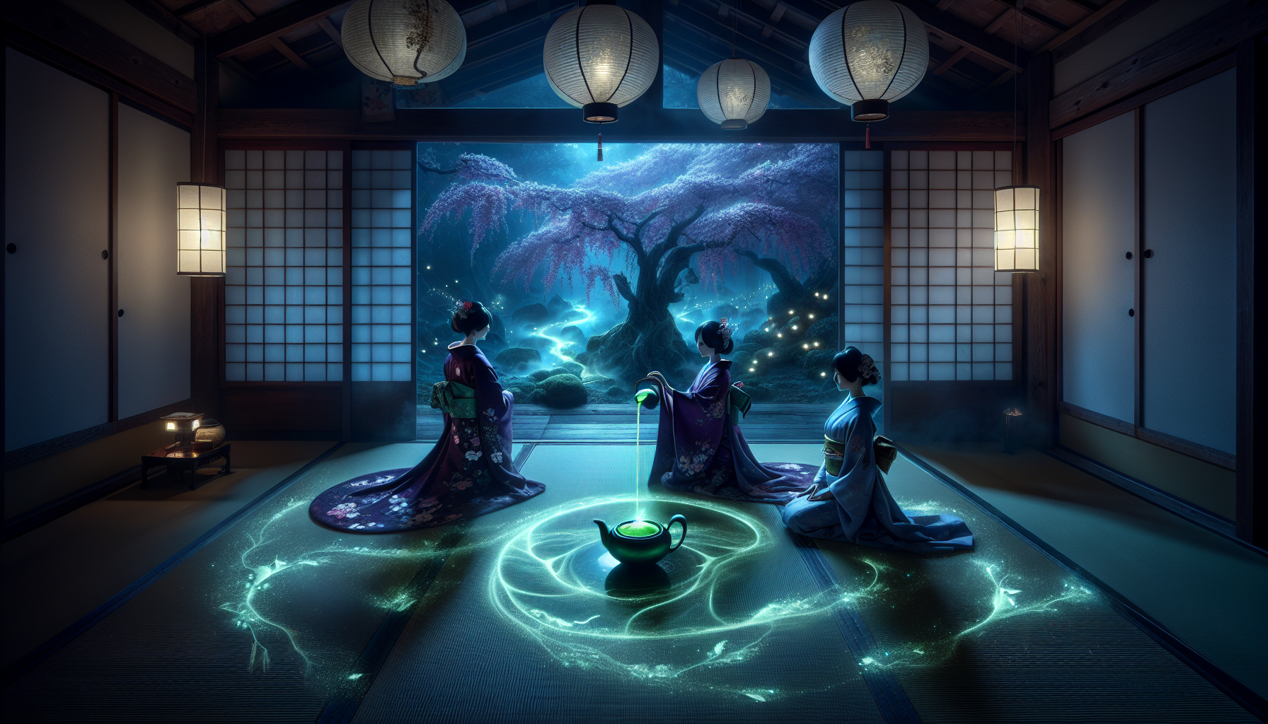 A serene and mystical Japanese tea ceremony unfolds in a traditional tatami room, where the only true source of light seems to be the mesmerizing glow of the tea itself. The space is softly illuminated by delicate paper lanterns, casting diffused moonlit silver light over the woven textures of the tatami mats. A graceful geisha, draped in an intricately embroidered kimono of deep plum and indigo silk, kneels with poised elegance. Gold-threaded wisteria vines dance along the fabric, subtly shimmering as if imbued with unseen magic.

At the center of the ceremony, the matcha tea radiates an otherworldly neon green glow, its surface swirling like liquid energy. As it is carefully poured from an enchanted teapot, infused with jade-like veins of magic, the tea releases a luminous steam that twists and coils into the ethereal forms of cranes and cherry blossoms before dissolving into the cool night air. The tatami mats, seemingly enchanted, shimmer with faint shifting patterns, mirroring the mystical energy flowing through the space.

Beyond the open shoji screens, the outside world feels like a dream—an enchanted forest garden where ancient cherry blossom trees glow in soft plum hues, their petals drifting like spectral embers against the deep midnight indigo sky. Fireflies pulse in synchronized patterns, leaving behind delicate silver trails that dance through the mist-laden air. A koi pond, its surface smooth like glass, reflects the neon-green glow of the matcha, casting surreal ripples of color that seem to bend reality itself. The entire scene exudes an atmosphere of deep tranquility, magic, and quiet reverence, as if time itself slows to honor the sacred ritual.

Ultra-detailed, dreamlike fantasy realism, cinematic lighting, mystical Japanese aesthetic, glowing surreal elements.