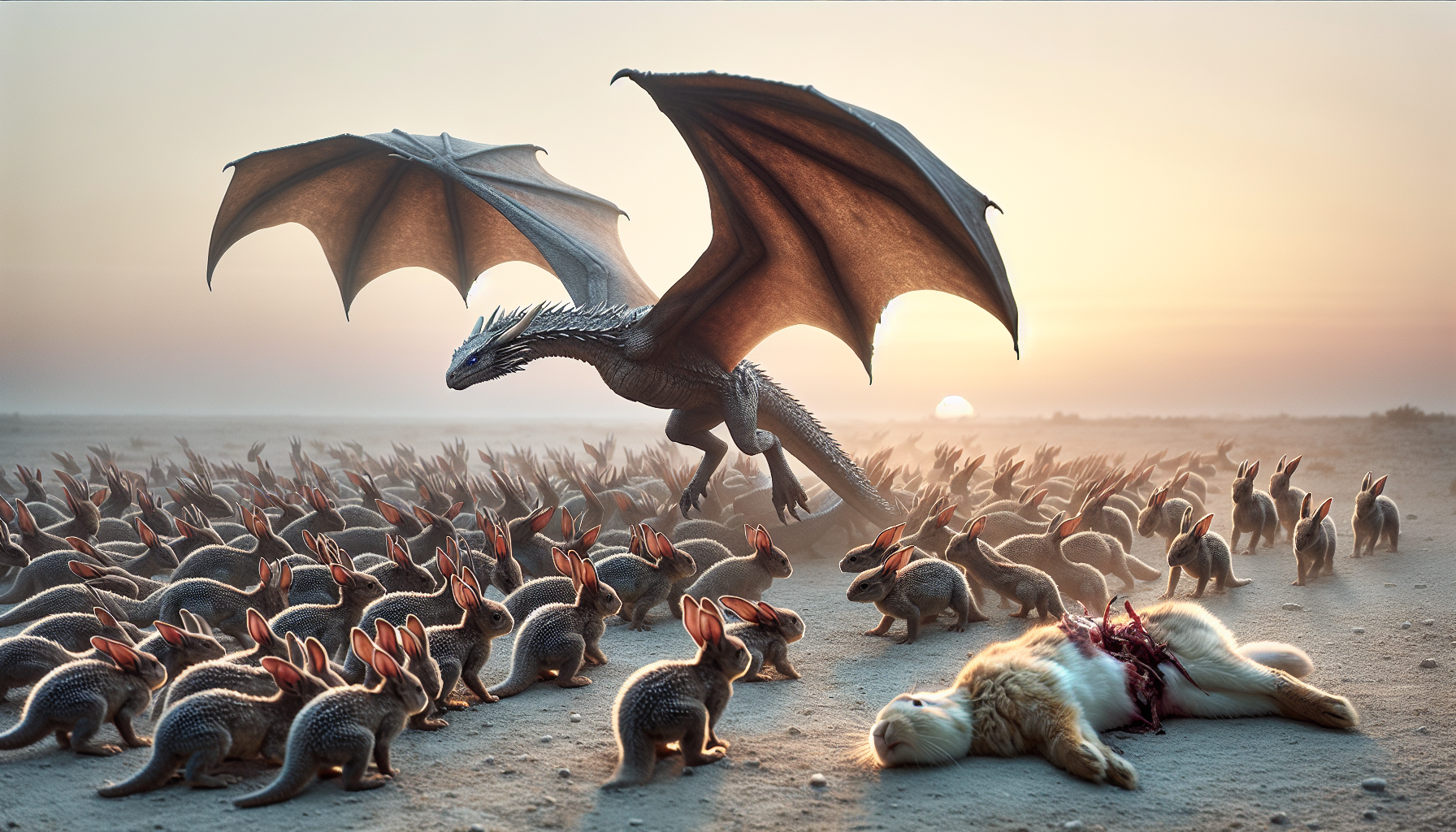 tanti piccoli giovanissimi draghi si avventano sulla carcassa di un coniglio, alle prime luci dell'alba. L'immagine deve essere molto realistica e fotografica, in stile trono di spade.
