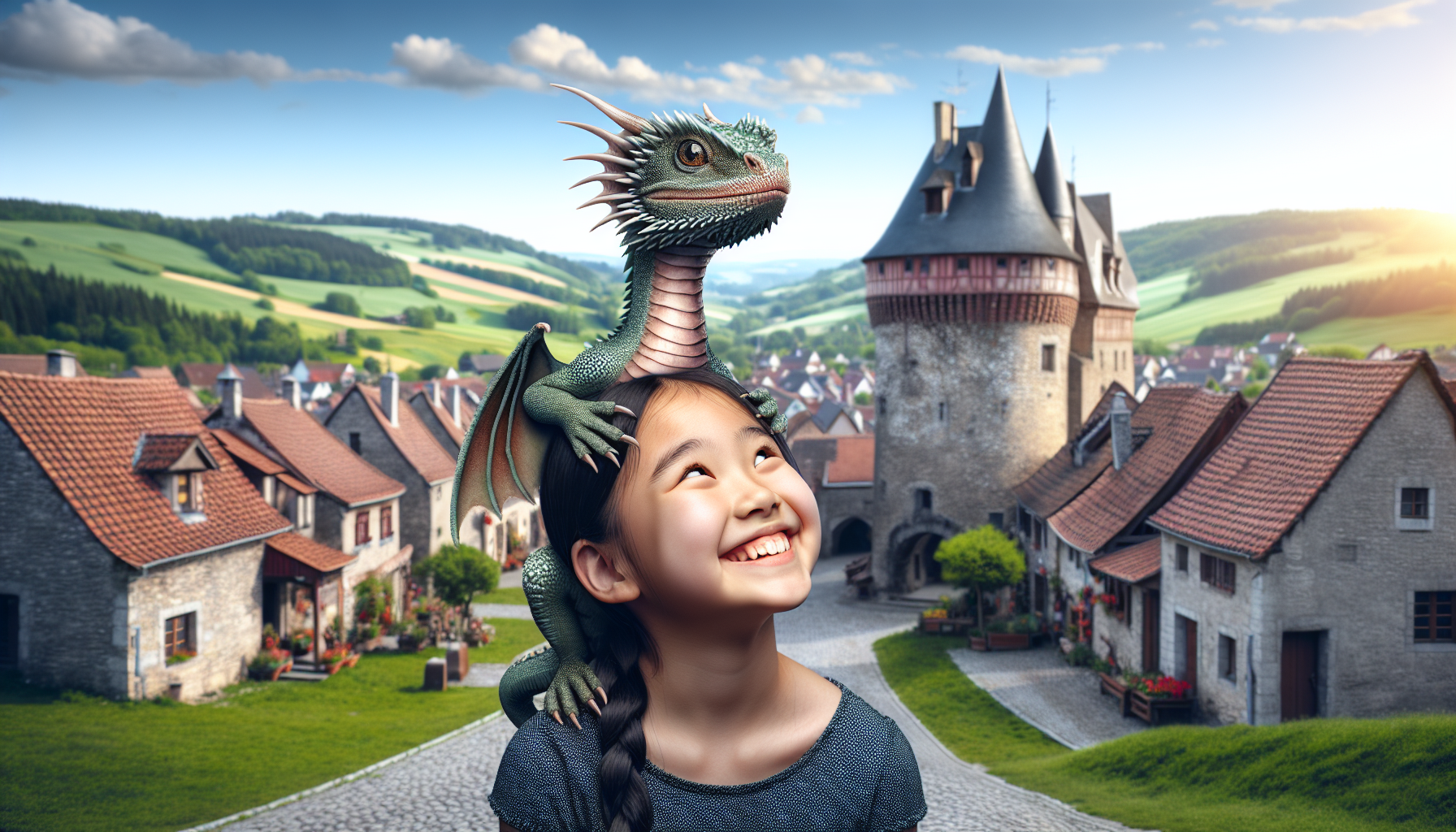 un piccolo drago senza zampe anteriori, curioso, sulla testa di una bambina divertita, sullo sfondo, un villaggio in stile medievale
