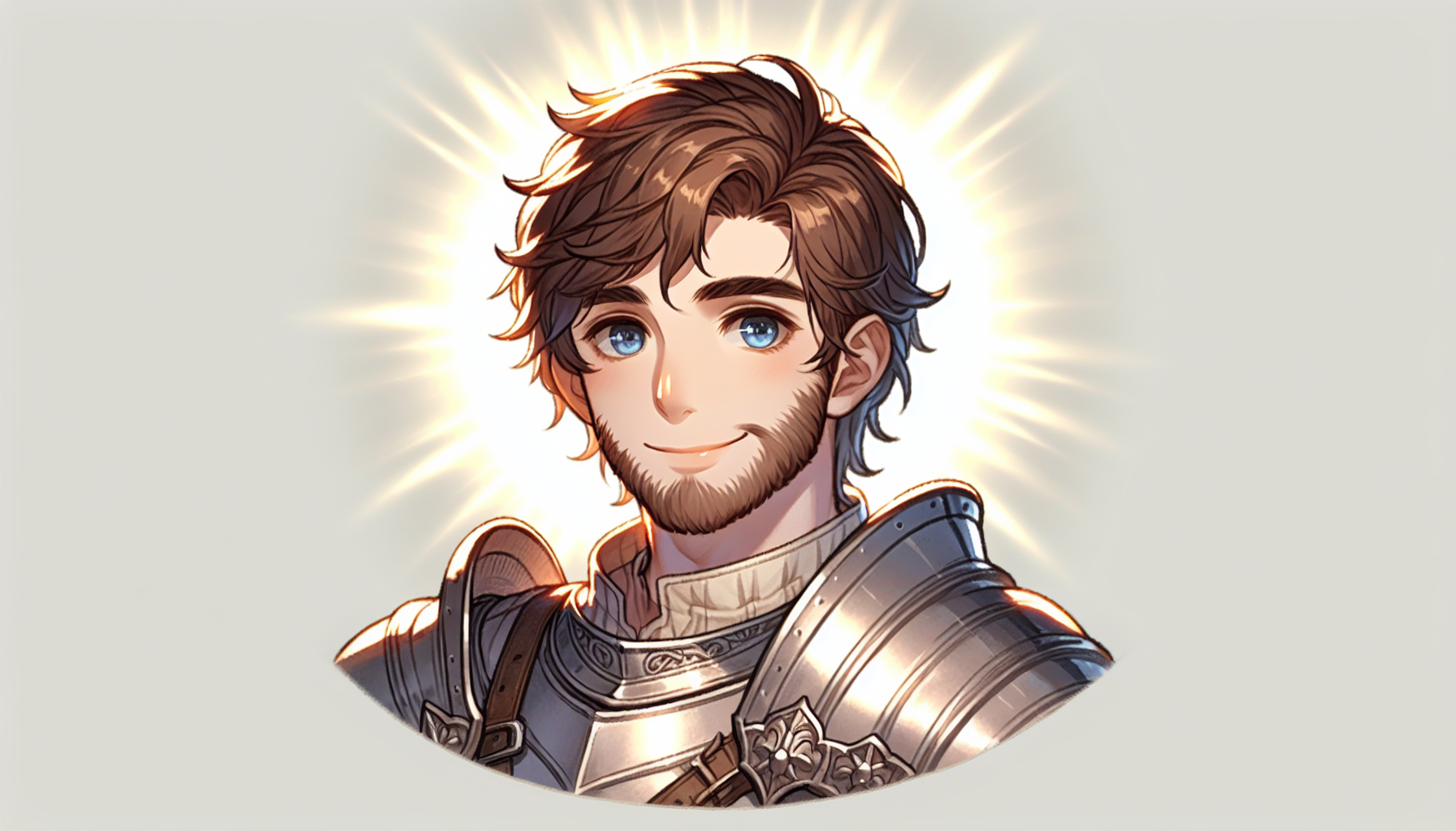 A warlord with brown hair, dark blue and bone pink eyes and a small nose with a little beard, standing in the sunlight in armor and smiling at the camera.