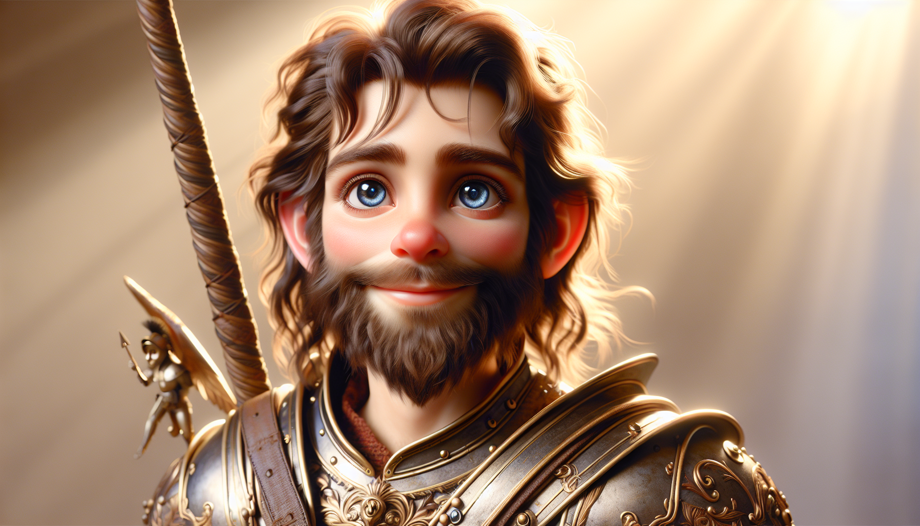 A warlord with brown hair, dark blue and bone pink eyes and a small nose with a little beard, standing in the sunlight in armor and smiling at the camera.