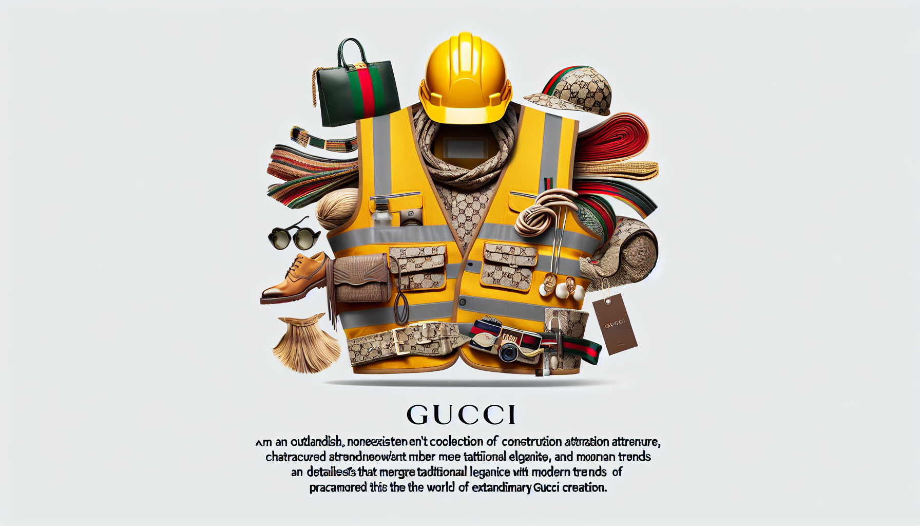 Stwórz zdjęcie do kampanii reklamowej przedstawiające nietypową, nieistniejącą kolekcję strojów do pracy na budowie marki Gucci, charakteryzującą się oryginalnymi wzorami, materiałami i detalami, które łączą tradycyjną elegancję marki z nowoczesnymi trendami, aby wciągnąć widza w świat niezwykłej kreacji Gucci. Niech zdjęcie będzie obrendowane logiem Gucci 