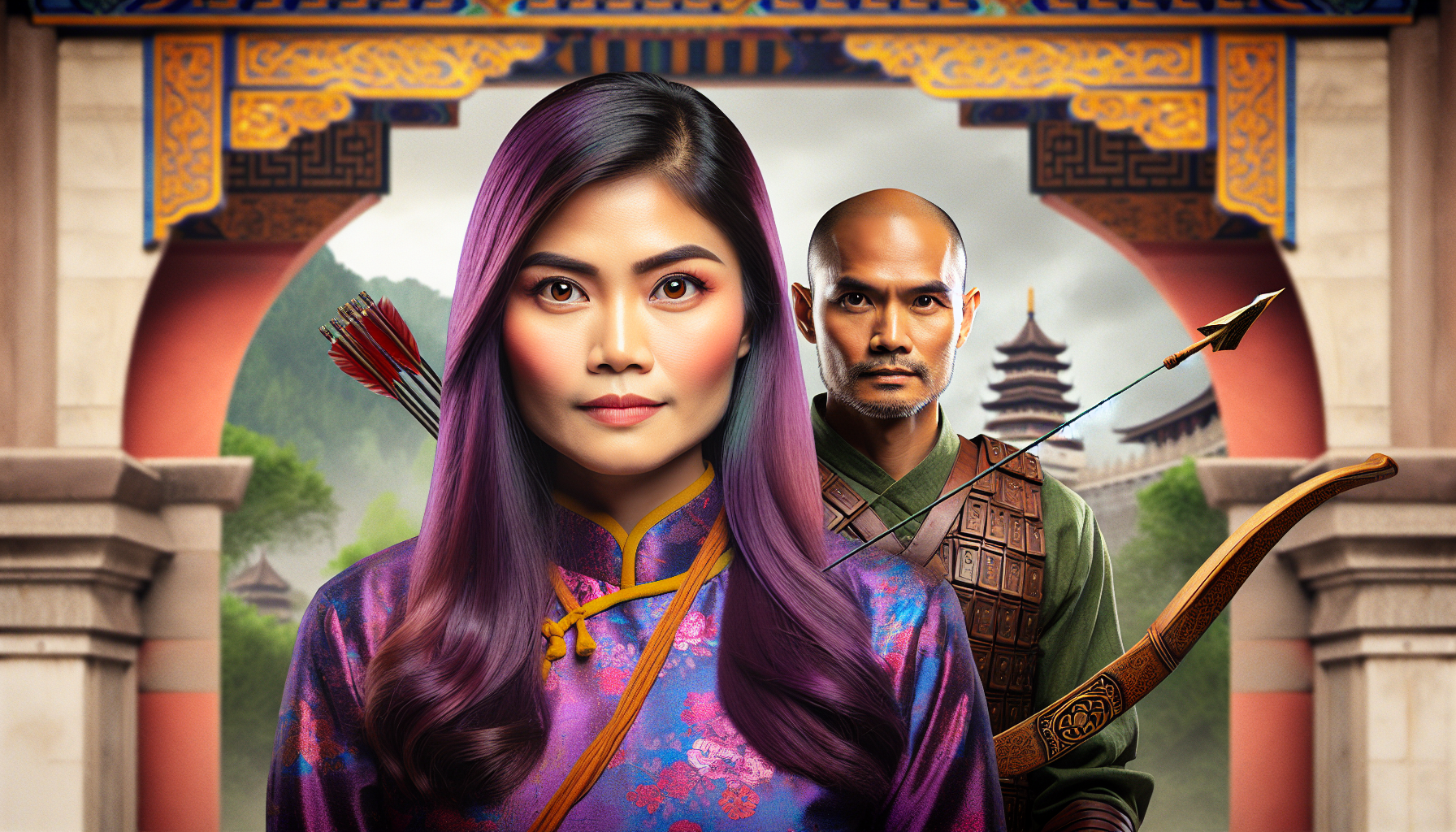 Beautiful woman with long purple hair and brown eyes dressed as a Chinese mafia with her handsome bald man behind her dressed as an archer with his bow in irl on a Chinese theme 