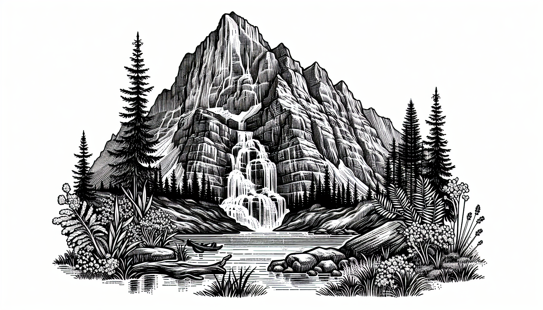 Genera una imagen de una montaña imponente desde donde cae una cascada cuya agua desemboca en un lago.  En los alrededores incorpora elementos de vegetación diversa sin muchas flores, utiliza helechos, coniferas, alerces, nalcas.  La imagen debe ser en blanco y negro con lineas finas.