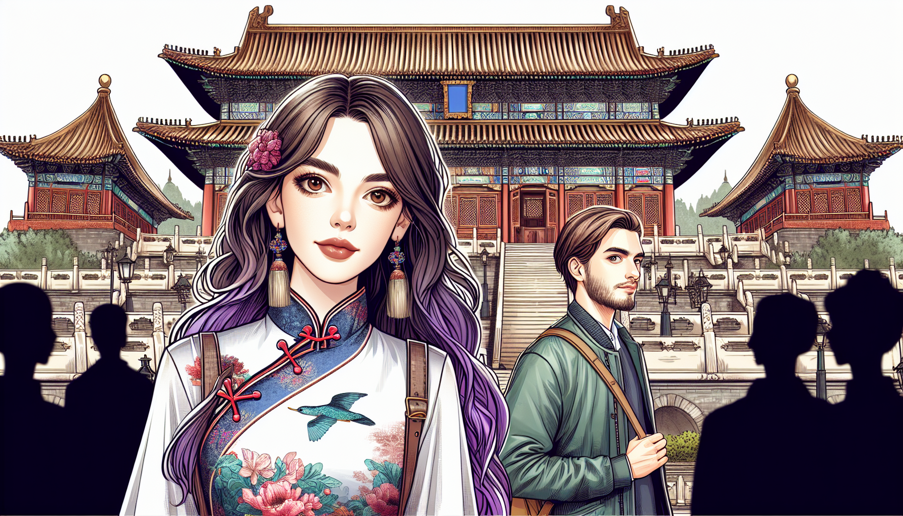 French woman with long purple hair and brown eyes in a Chinese dress with a young French man of about 30 years old, bald, behind in front of a temple 