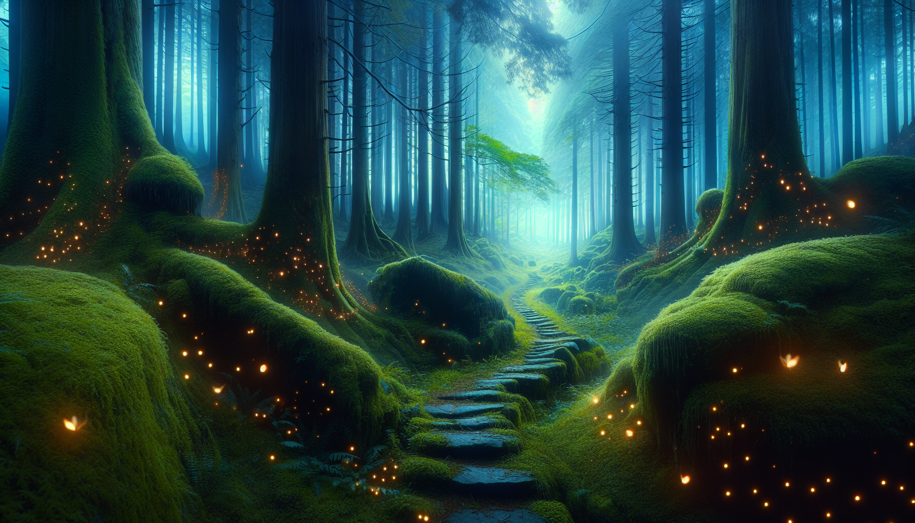 Viral anime nature wallpaper in 4K quality, in the style of Pixar 3D inspired
by Brave, illustrating a dense, foggy evergreen forest, with towering trees covered in moss, a
winding stone path disappearing into the mist, and soft fireflies glowing in the shadows; cool
and mysterious color temperature, cosmos lighting with hazy morning mist, no human
characters, the atmosphere is mystical and enchanting --v 5 --stylize 1000