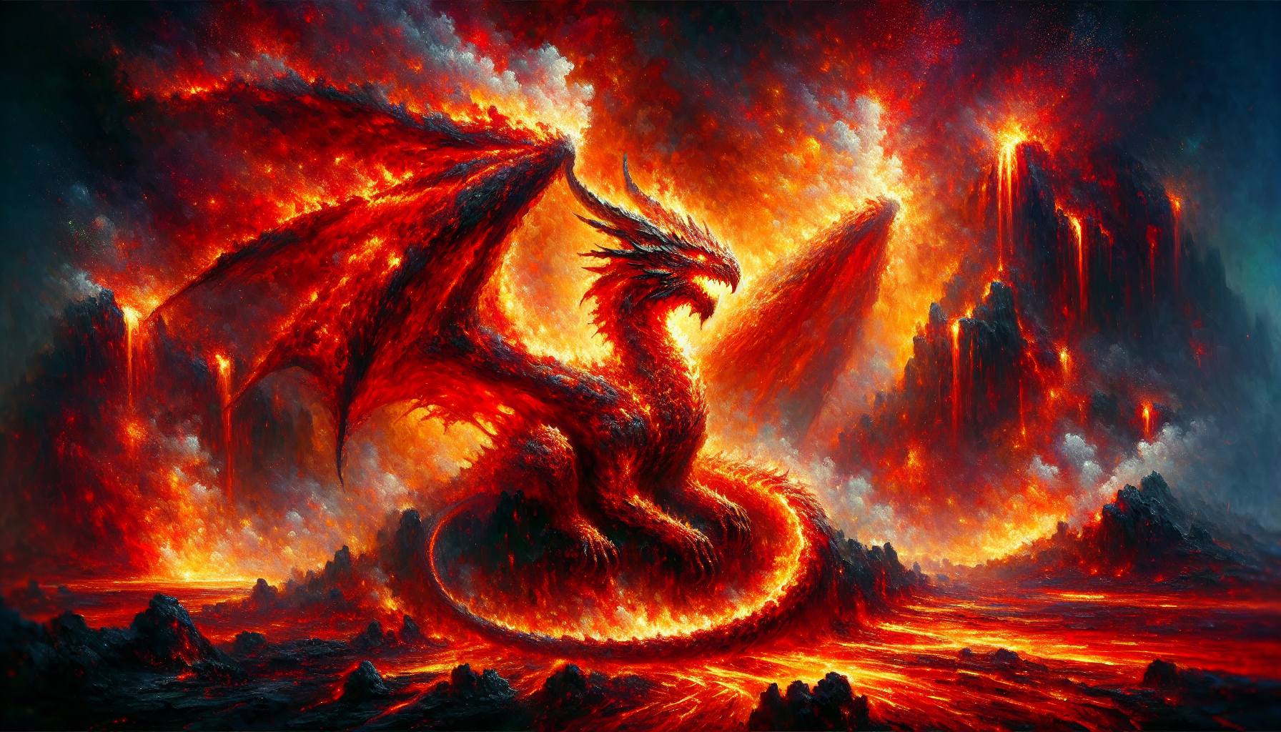 oil painting, with large and pronounced brush marks of An ultra-detailed oil painting of a fearsome red dragon perched on a volcanic peak, its scales glowing with the reflection of molten lava. Smoke and ash rise into the sky, creating a dramatic and intense scene. The dragon’s eyes burn with an ancient fire, and the artist's brushstrokes bring out the depth and texture of its powerful wings and the canvas  is surrounded by molten lava and black volcanic rock.