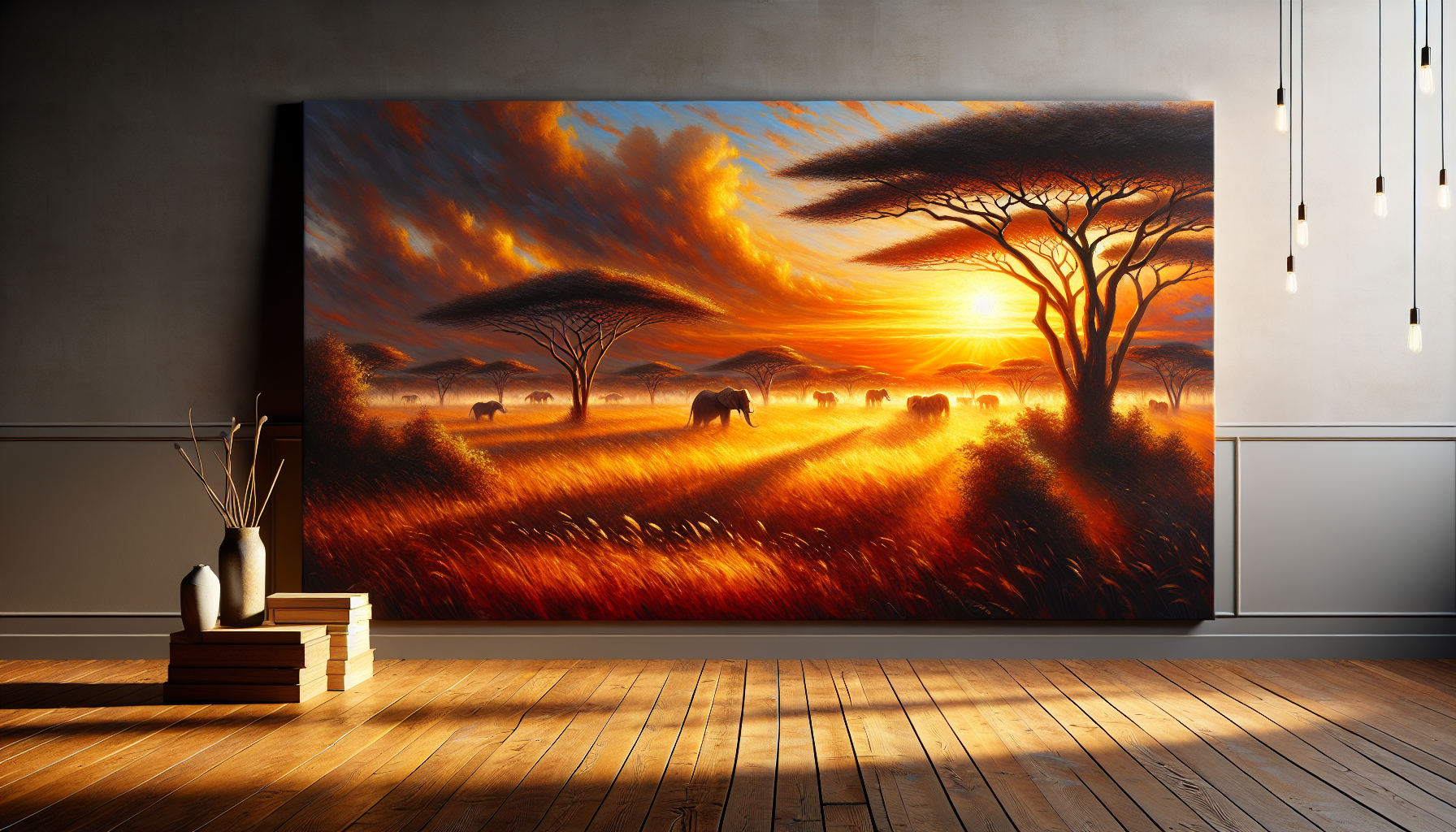 A canvas of the following painting is on is placed between ancient trees, with soft sunlight breaking through the fog.oil painting, with large and pronounced brush marks of A vibrant oil painting of the African savanna at sunset, with golden light reflecting on the long grass. A herd of elephants walks in the distance, their silhouettes blending into the fiery orange sky. The details in the brushstrokes create a feeling of movement, as if the warm wind is passing through the landscape.