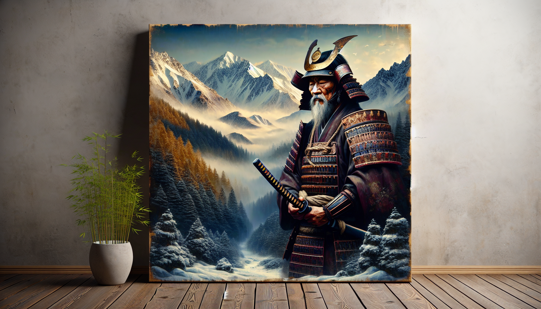 The canvas that the following artwork painted on stands on a rocky ledge with a panoramic view of snow-covered peaks. The artwork is, An oil painting, with large and pronounced brush marks of A breathtaking oil painting of an ancient samurai, standing tall in a misty bamboo forest, his katana reflecting the soft morning light. His face is aged but wise, with deep scars telling the story of his battles. His traditional armor is painted with rich gold and red tones, and the oil texture adds a timeless, historical feel.
