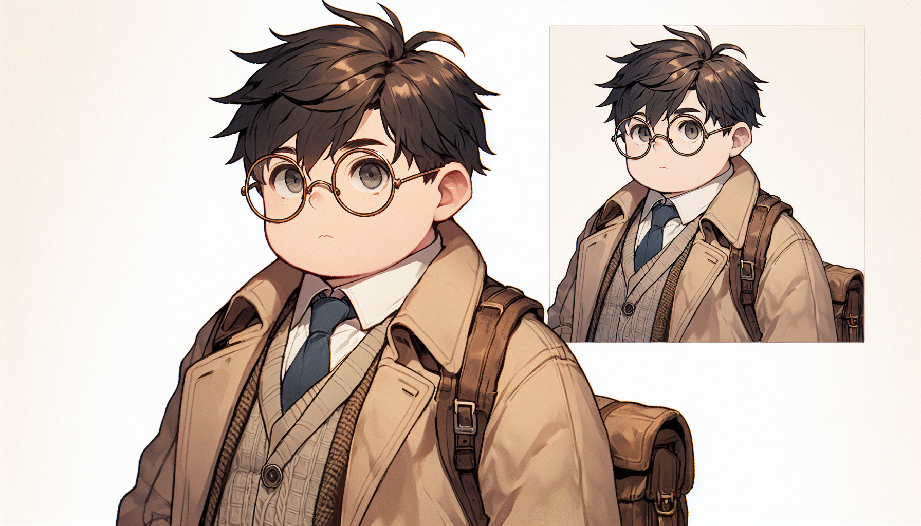 adventurer professor, slightly overweight, round glasses with small lens