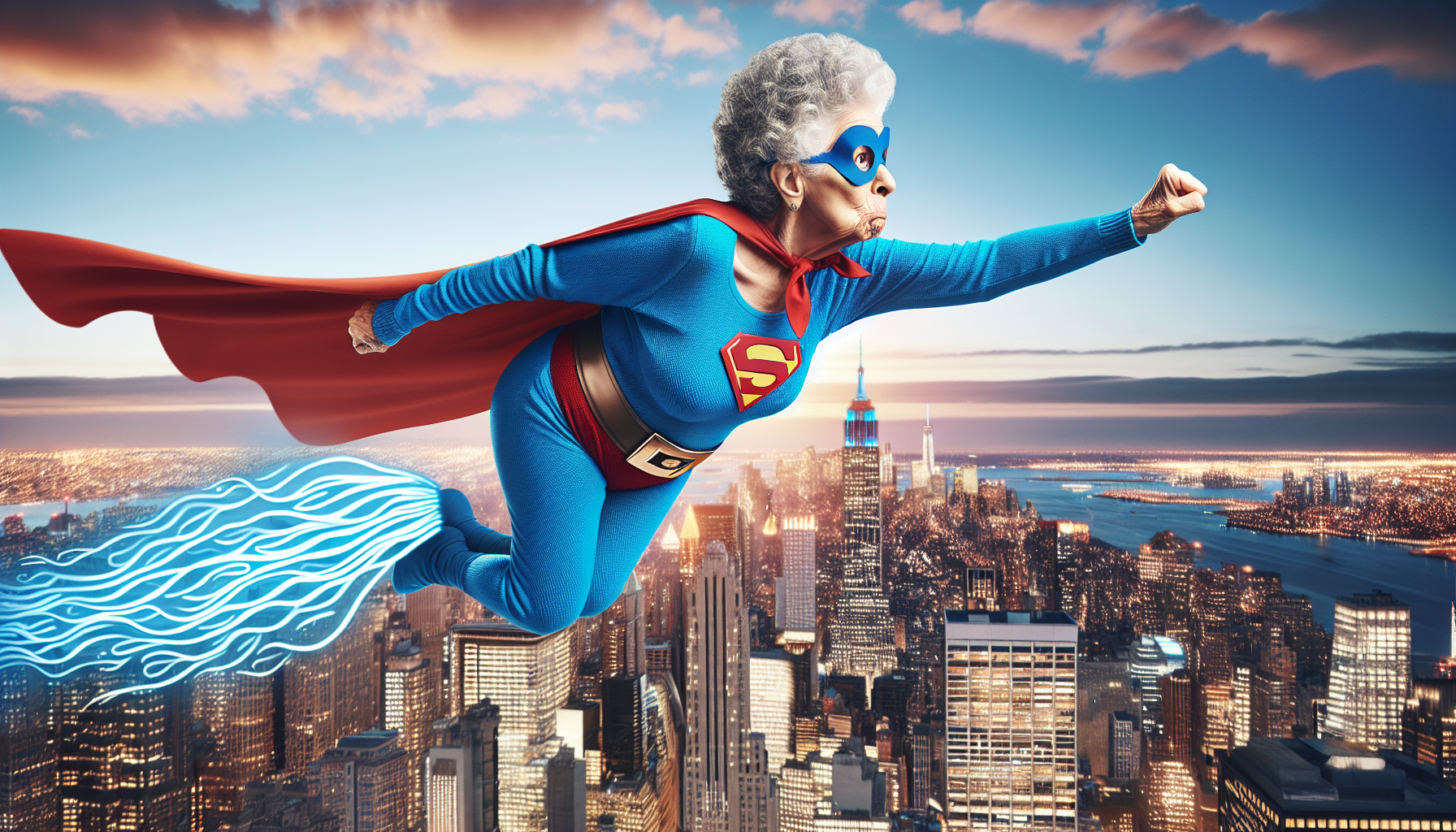 Granny looks like superman farting while flying in Manhattan 