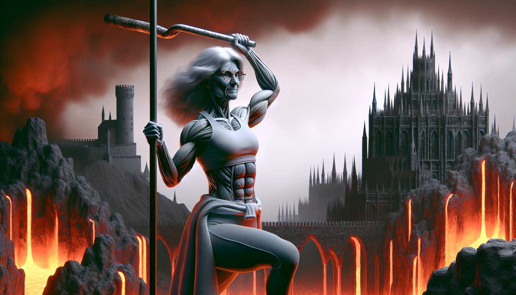 A super muscular granny pole dancing in Sauron's fortress