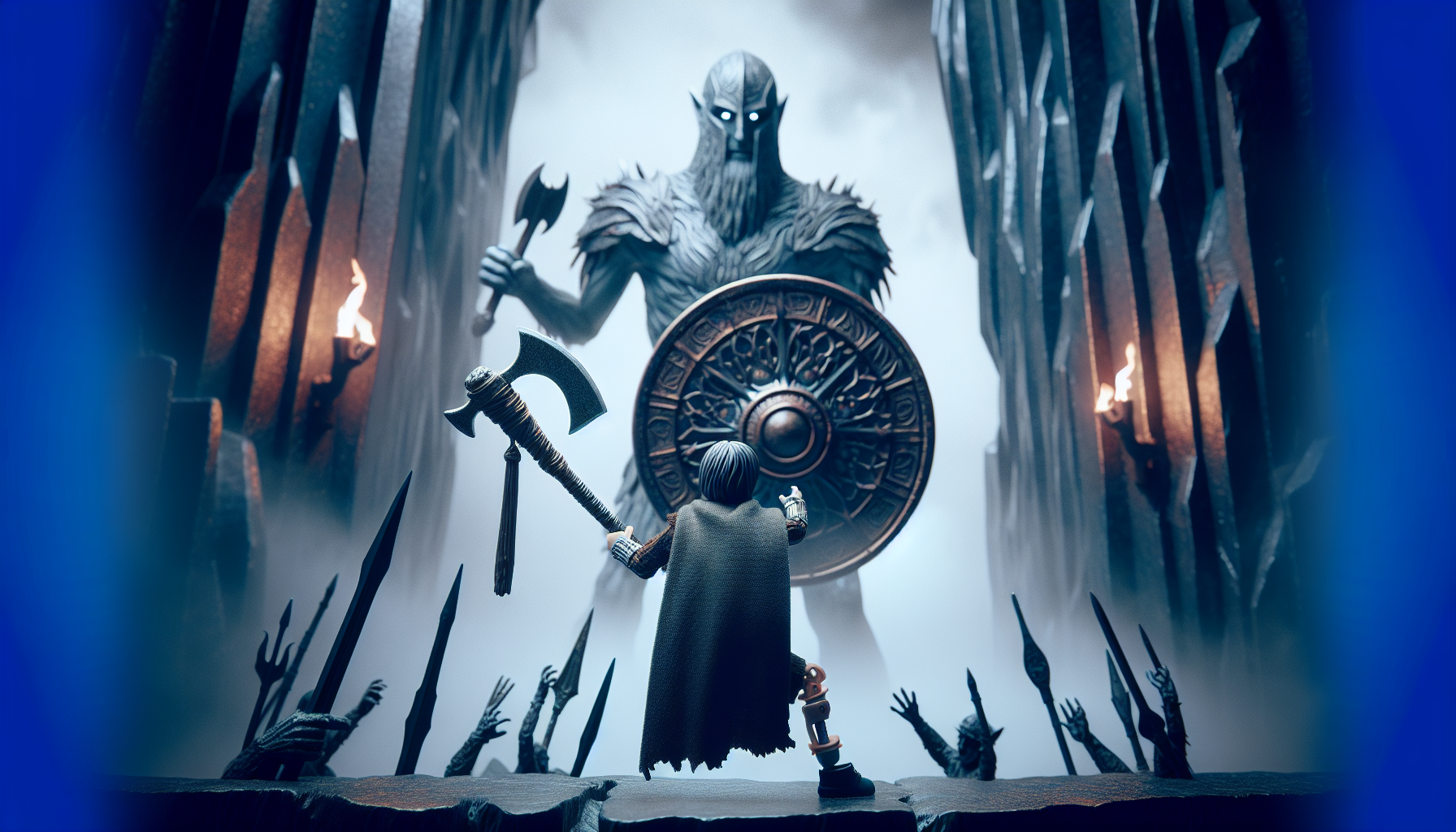 Midget with one leg with axe and shield versus Sauron withe his ring in barad dur