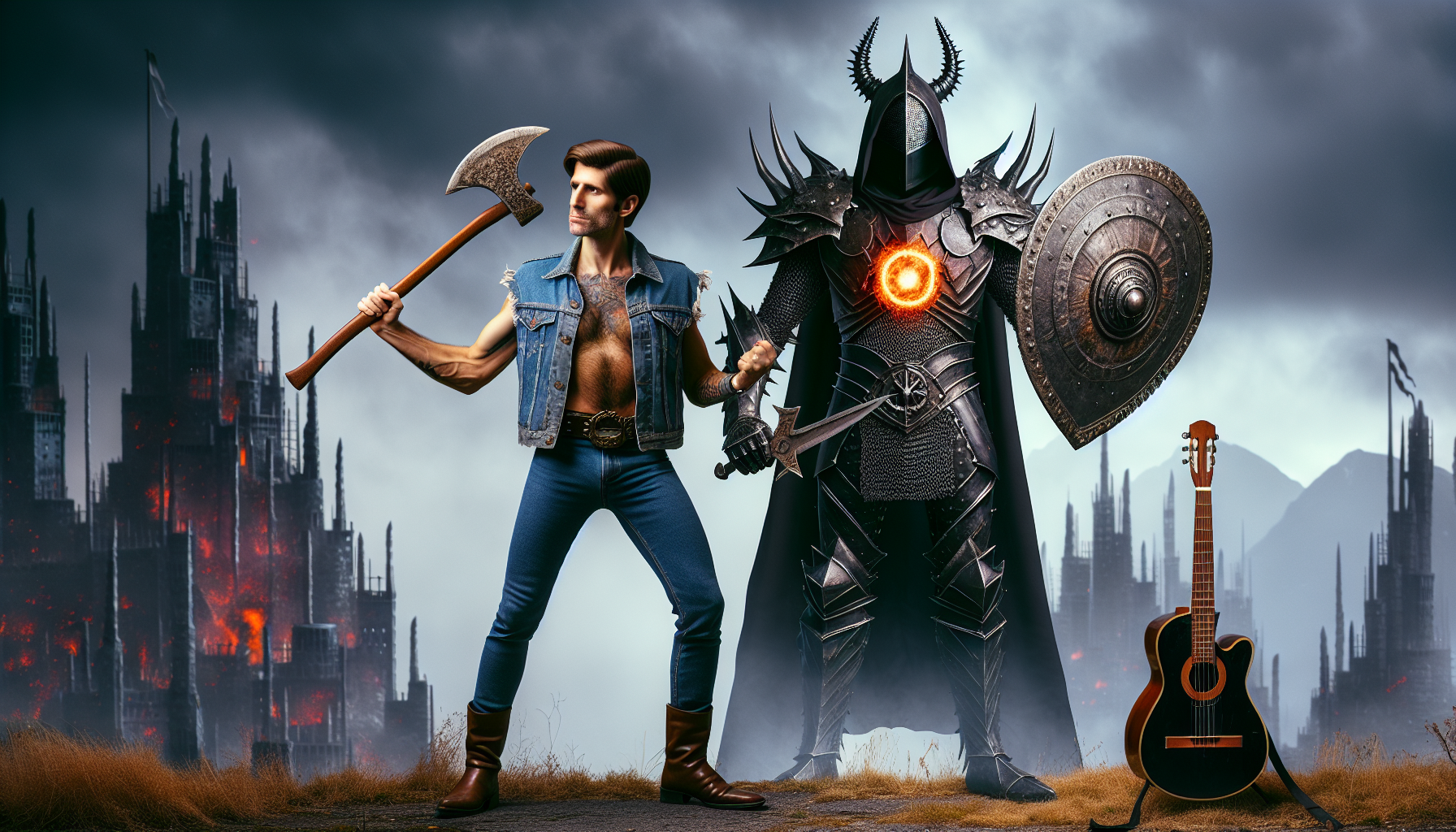 Johnny Hallyday with axe and shield versus Sauron with his ring in barad dur