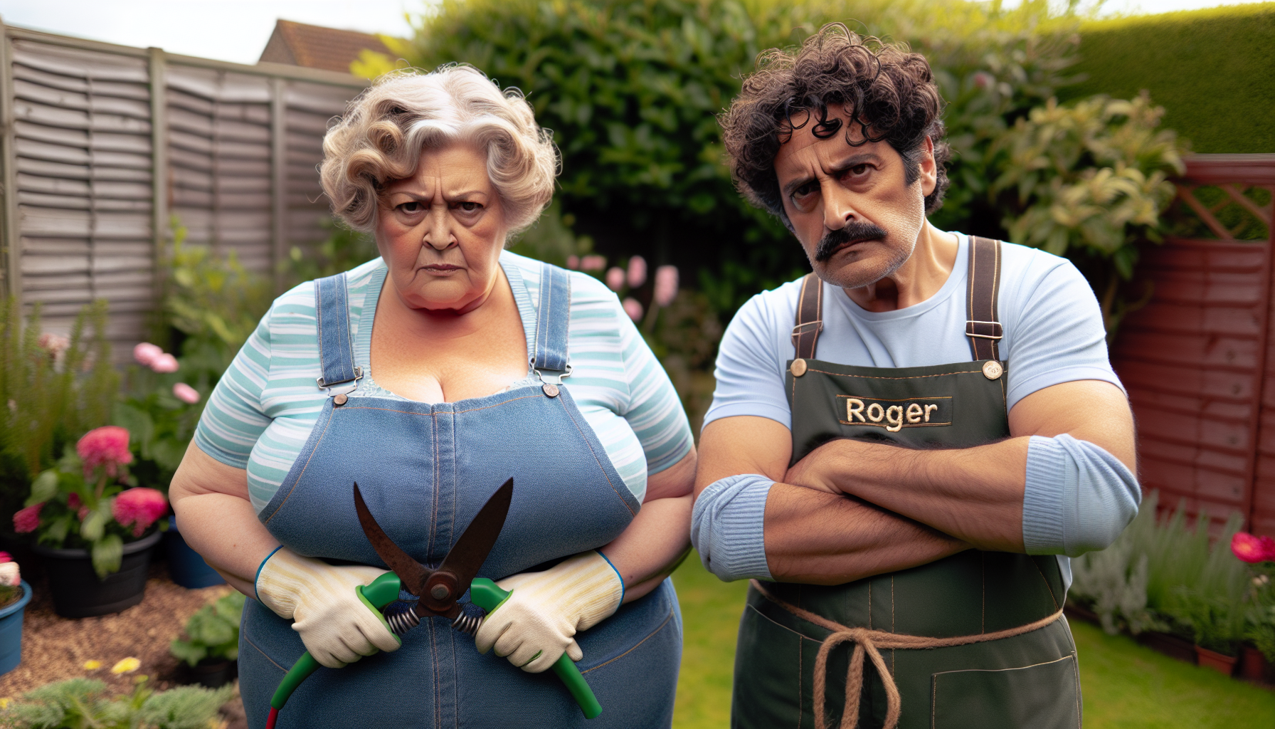 Fat Naughty granny neighbour looking agressive with fat husband curly dark hair Roger written on his clothes in the garden cutting flowers