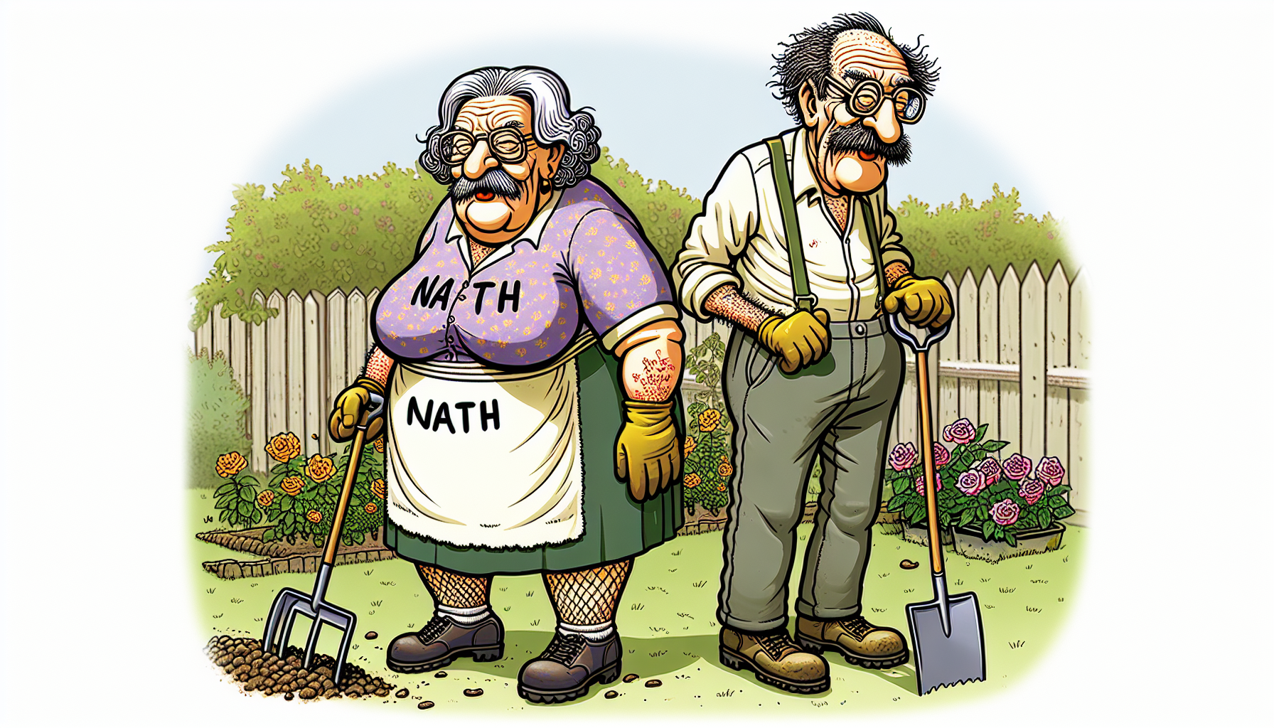 Fat Naughty granny neighbour looking agressive, Nath written on her clothes with fat husband aged if sixty years old curly dark hair with Roger written on his clothes in the garden cutting flowers