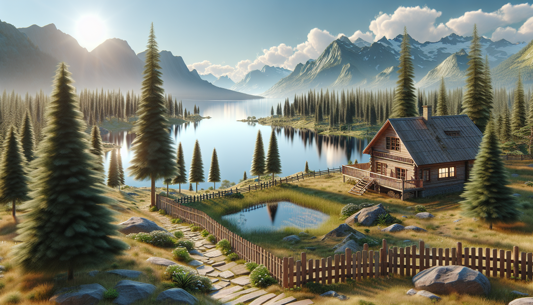 3D,women,wooden house, wooden fence, stone path, mountains, forests, lake, sun, clouds, pine trees