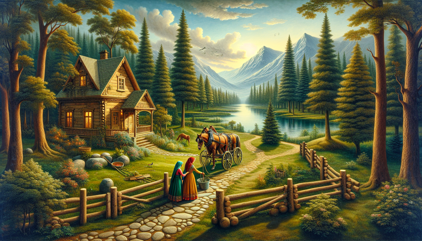 wooden house, wooden fence, stone path, mountains, forests, lake, sun, clouds, pine trees, moonlight, birds, horse-drawn carriage,3D,women,