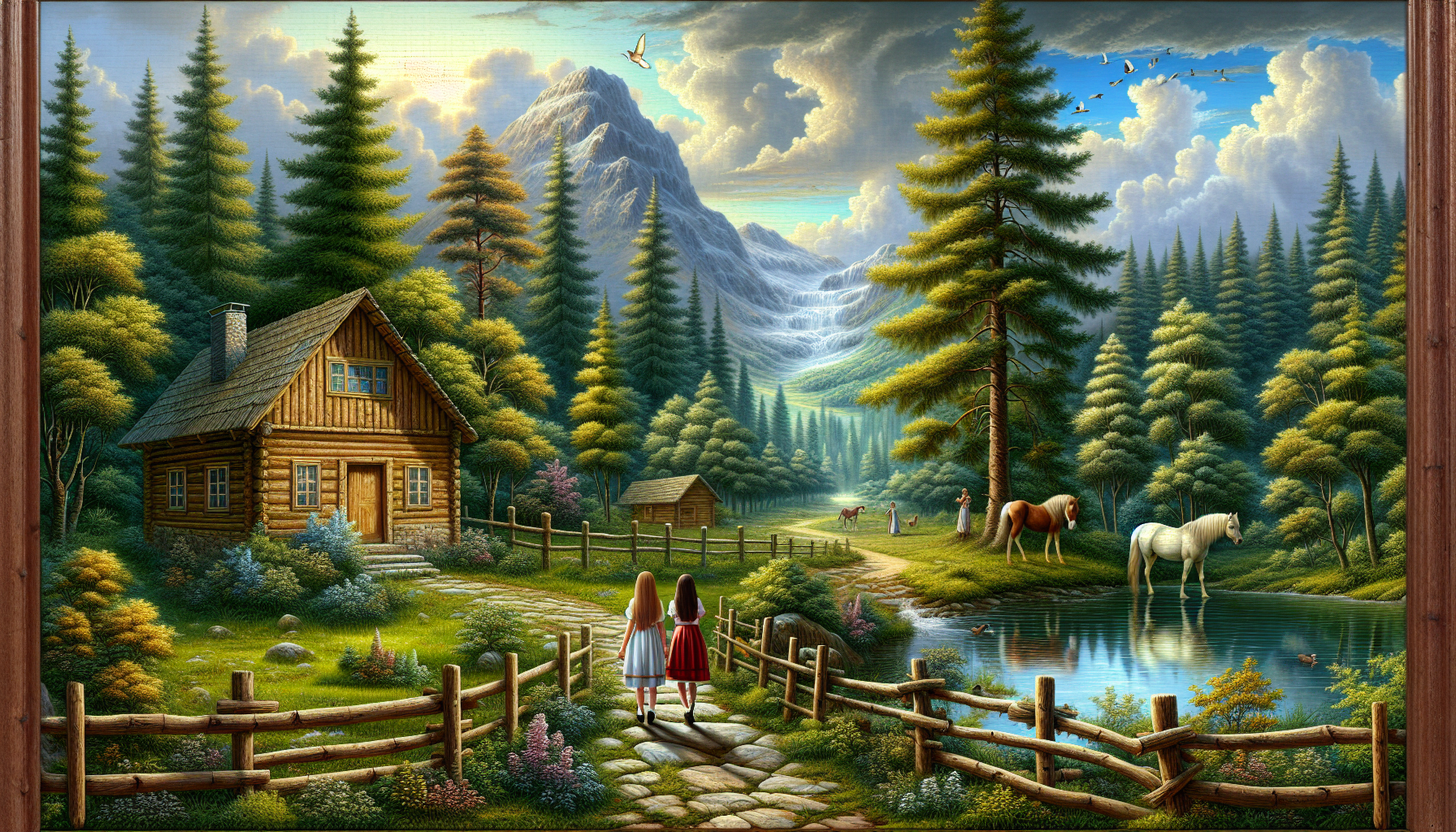 3D, girls, wooden house, wooden fence, stone path, mountains, forests, lake, sun, clouds, pine trees, moonlight, birds, horse, rain,