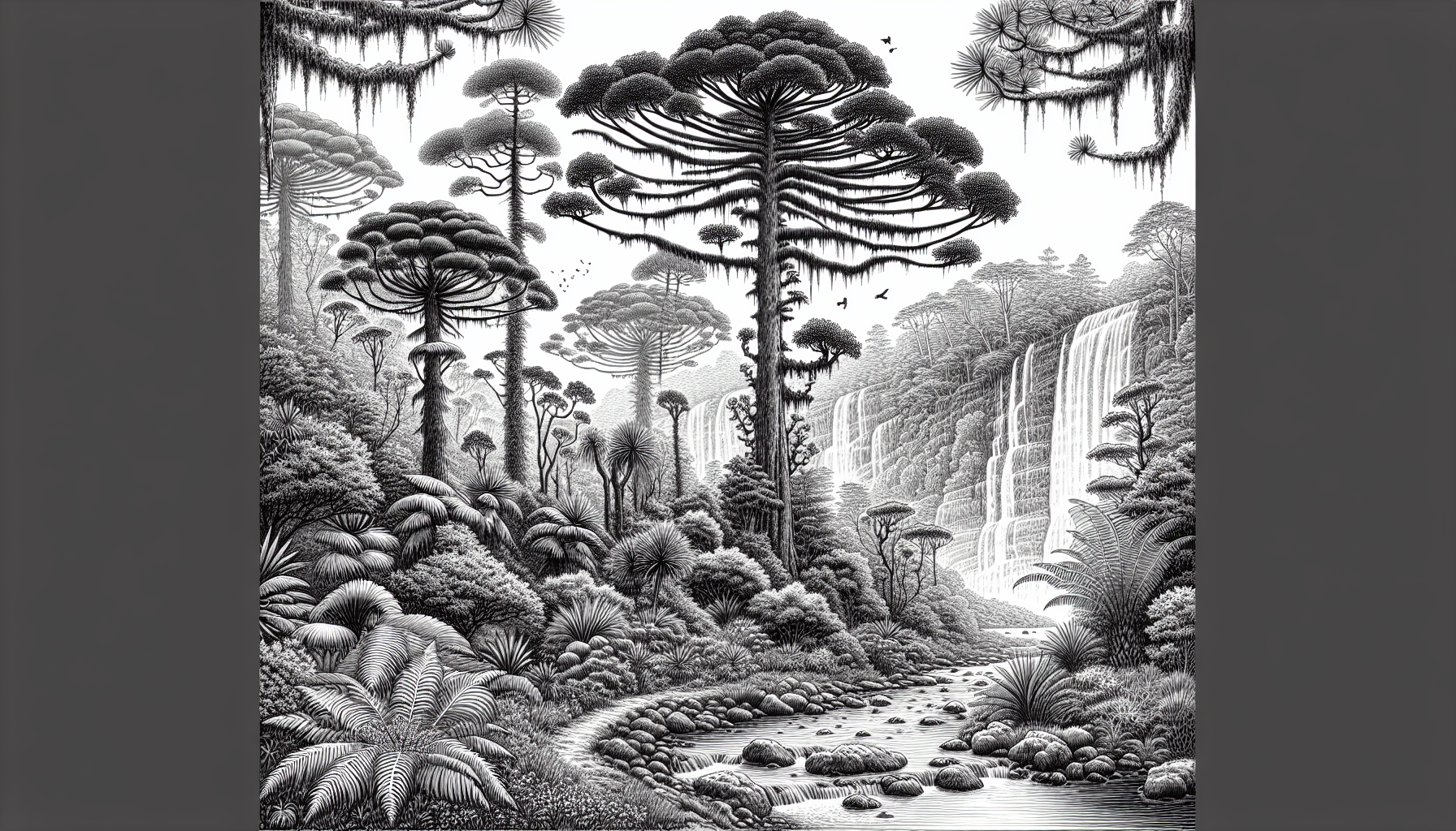 Genera una imagen de bosque con araucarias, nalcas, ñires, alerces, y en el fondo una cascada de agua.  En blanco y negro con lineas delgadas para colorear.
