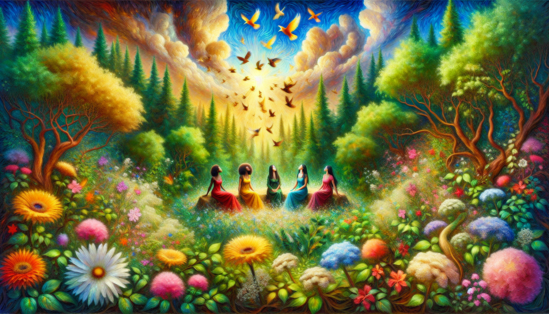4 women,flowers,clouds,birds,sun,forest,