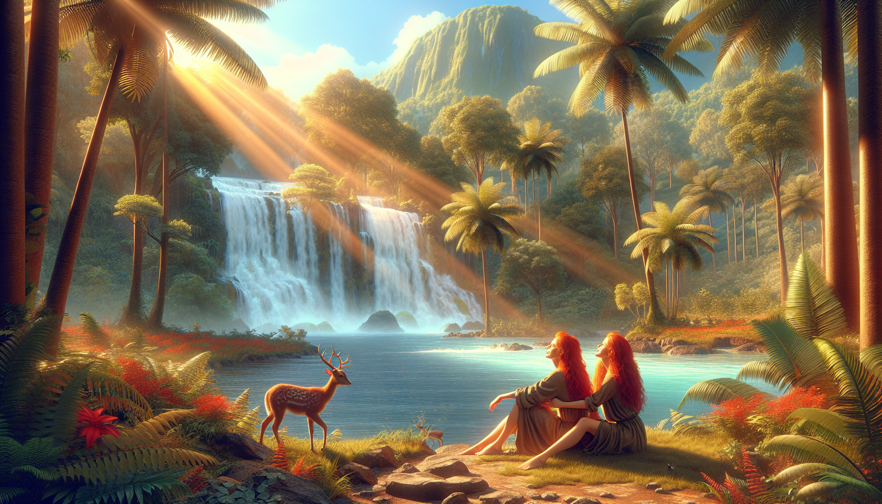 2 redhead women, sunbeam, waterfall, palm trees,deer,