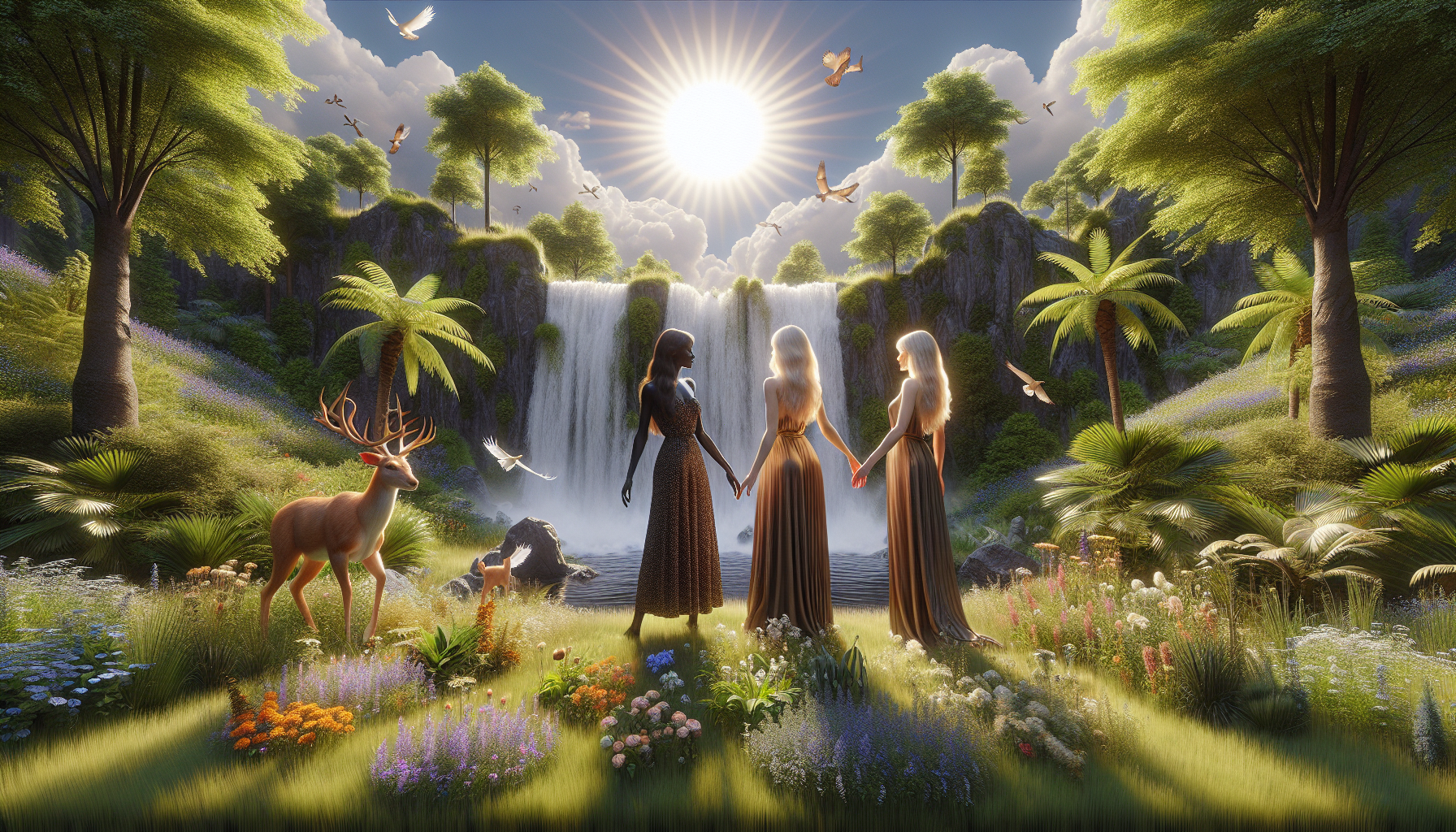 2 blond women,sunbeam,waterfall,palm trees,deer,birds,grass,wildflowers,
