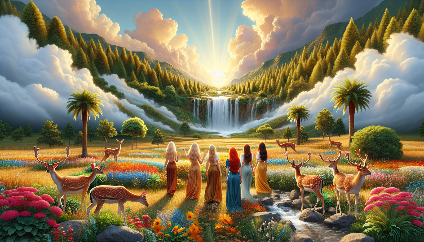 2 blond girl,1 brunette women,1 red girl,3 deer,waterfall,palm trees,sun light,field flowers,stones,clouds,